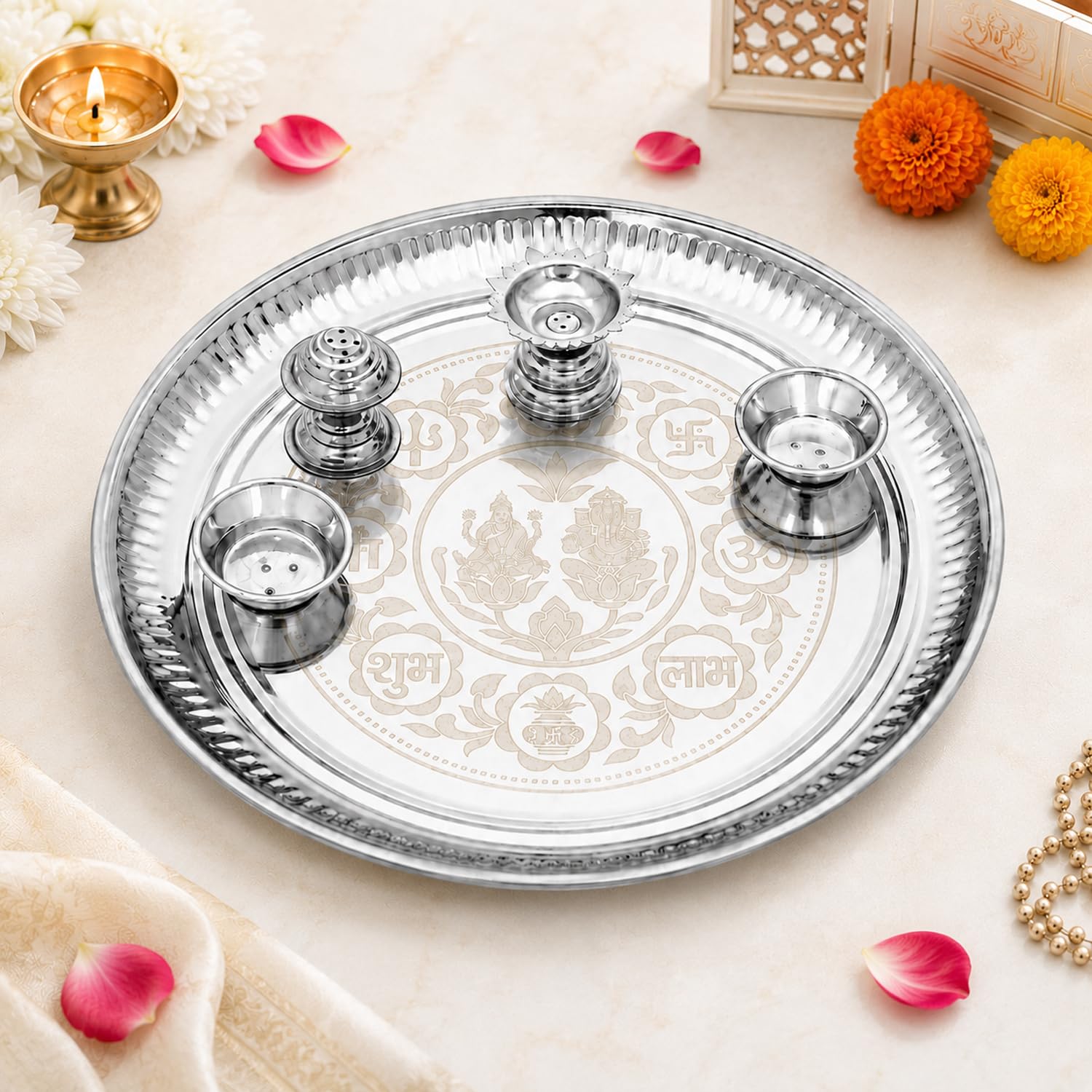 Upharkaro Stainless Steel Pooja Thali with Laxmi Ganesh Design | 12 Inch Puja Plate Set for Home Temple, Diwali, Navratri & Daily Worship | Shubh Labh Engraved Prayer Thali
