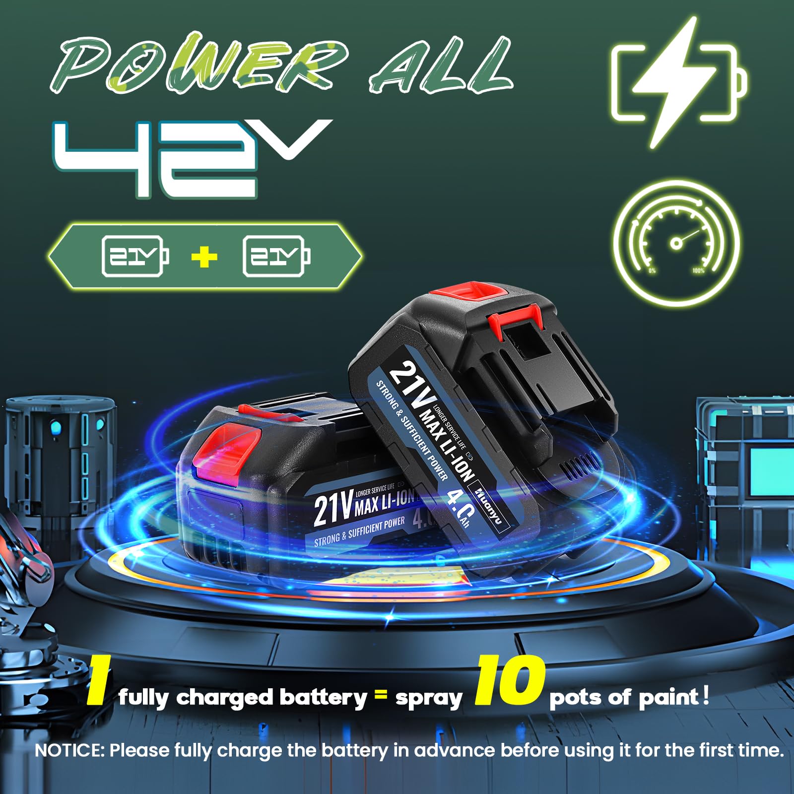 Huanyu Spruzzatore di vernice a batteria, 5 ugelli, 3 modelli(CN6000 Verde) | 2 batterie da 21V 4.0Ah, 900ml, Spruzzatore di vernice elettrico per recinzioni, capanni e mobili
