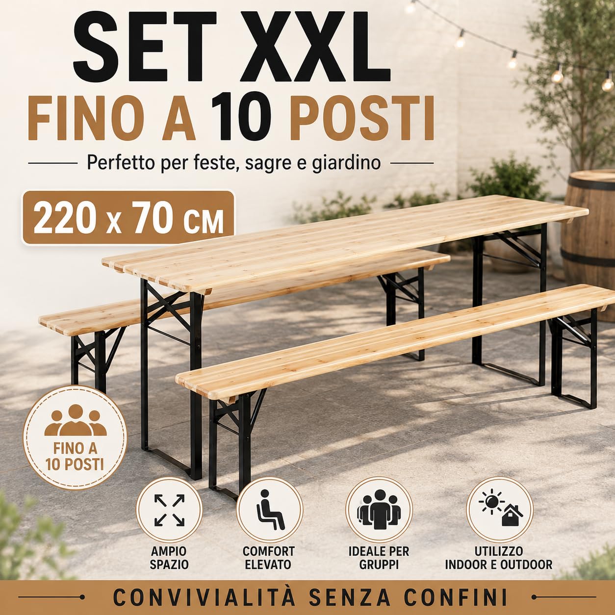 IlGruppone Set Birreria XXL 220x70 cm 10 Posti – Tavolo Pieghevole con 2 Panche in Legno di Abete e Acciaio Rinforzato – Set 3 Pezzi Richiudibile e Salvaspazio per Feste, Sagre, Giardino e Outdoor