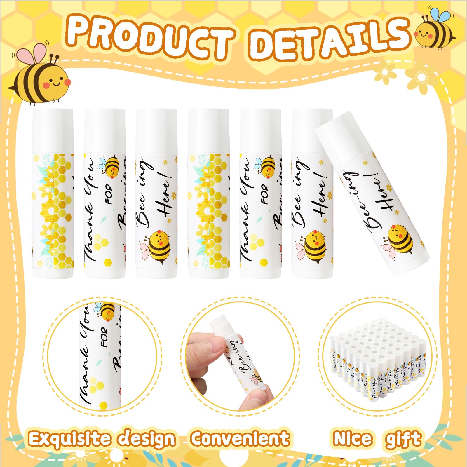 Dansib 50 Sets Bee Lip Balm Bulk Baby Shower Favor with Organza Gift Bags and Thank Card Tags Bee Themed Gifts for Baby Shower Baptism Birthday Party Supplies