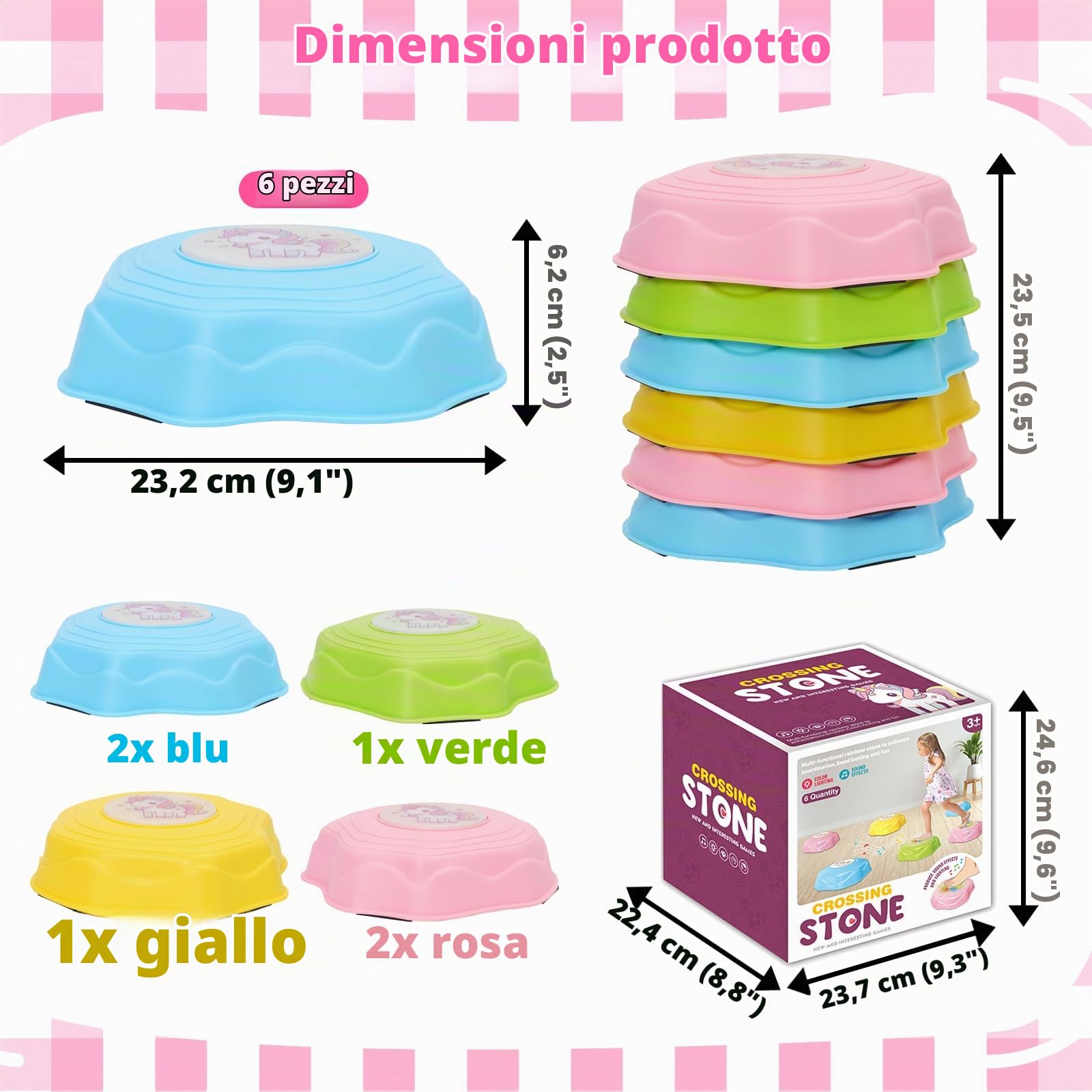Pietre di Bilanciamento per Bambini con Luci e Musica, 6 Pietre Sensoriali di Equilibrio Impilabili Antiscivolo, Percorsi Psicomotricità Ostacoli Interni ed Esterni, Promuove l'equilibrio e Motricità