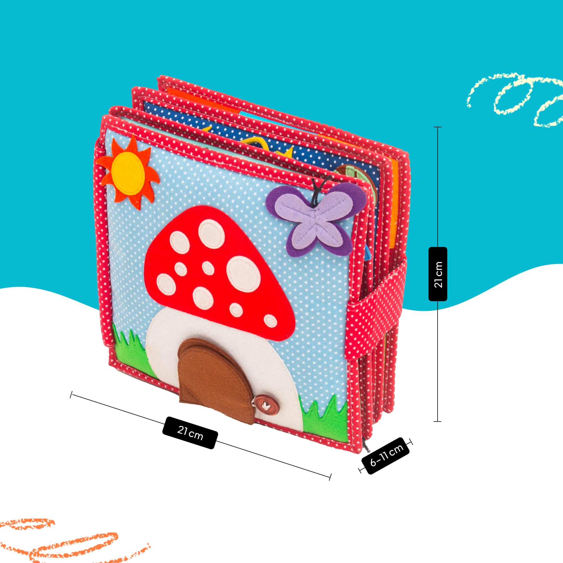 Jolly Designs – Du Glückspilz - 6 Seiten Quiet Book – Montessori Spielzeug ab 2 Jahren – Motorik & Sensorik fördern – Handgefertigtes Filzbuch – Lernspielzeug für Kleinkinder – Busy Book für unterwegs