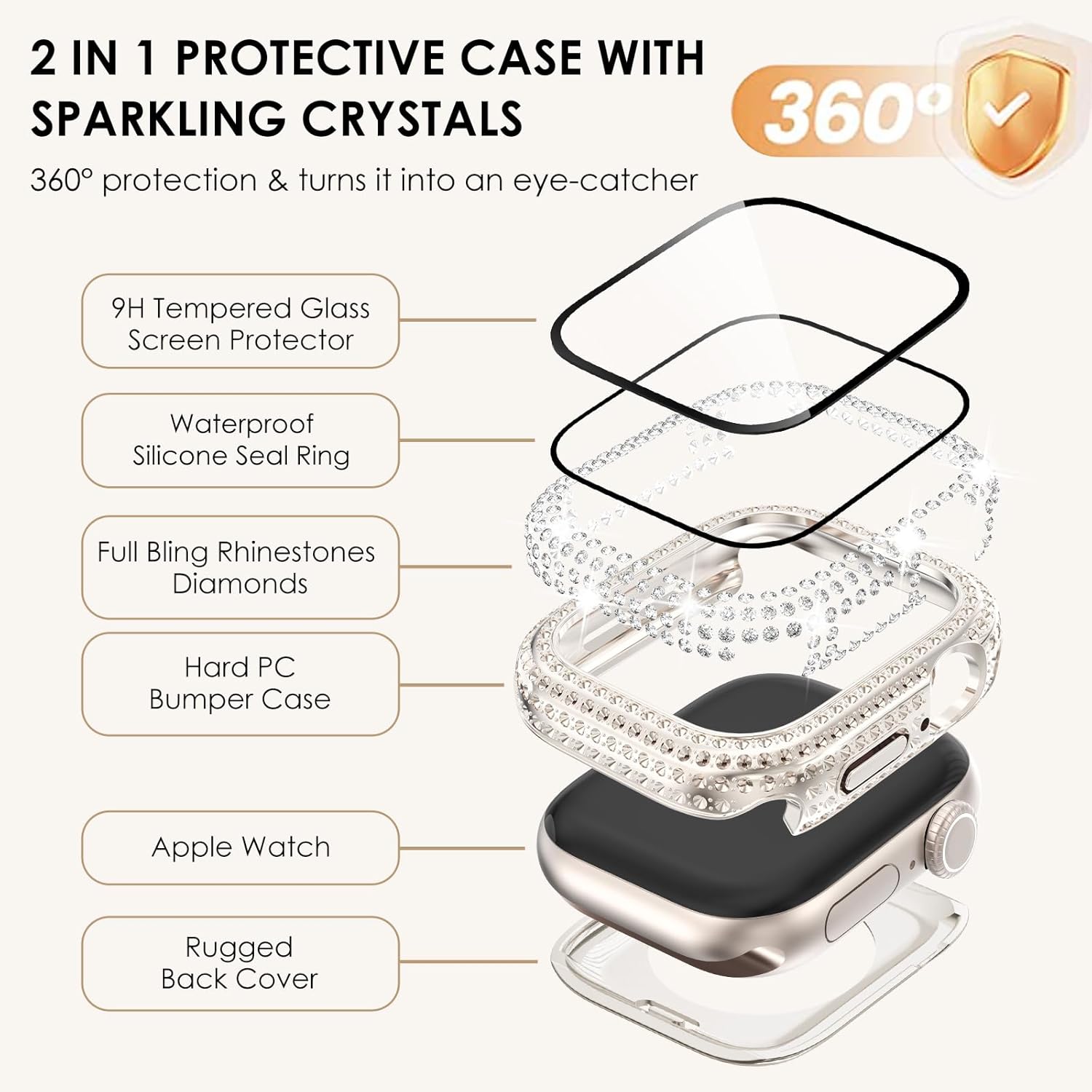 WINGLE 2-in-1 Waterproof Case for Apple Watch Series 11 10 42mm Screen Protector Case, Full Bling Diamond Protective Face Cover Apple Watch 11 10 42 mm Crystal Rhinestone Bumper iWatch, Starlight - Image 3
