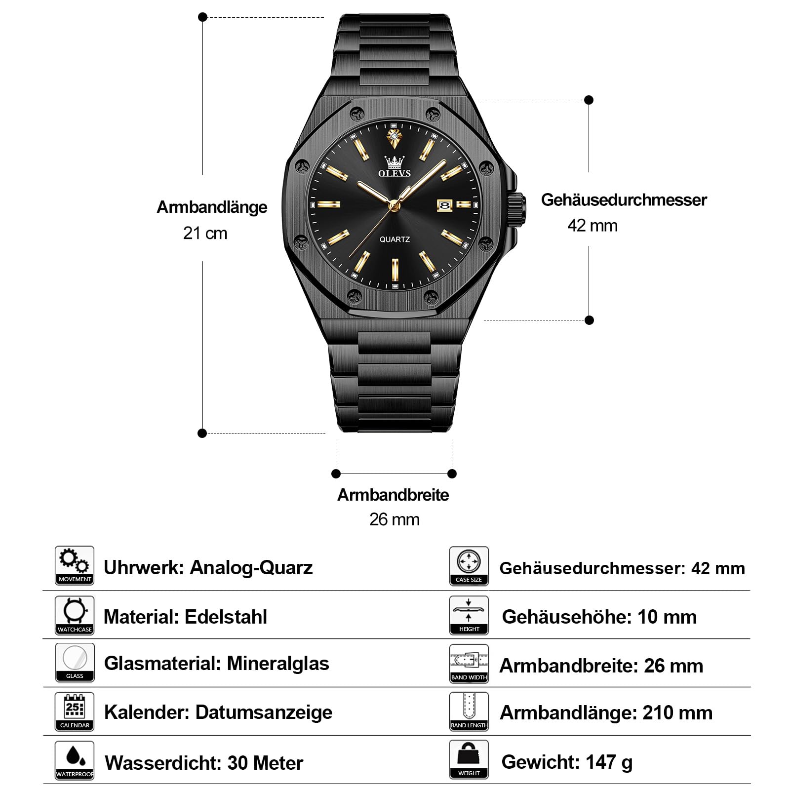 OLEVS Herrenuhr Silber Chronograph Luxus Schwarz Edelstahl Quarzuhr Herren
