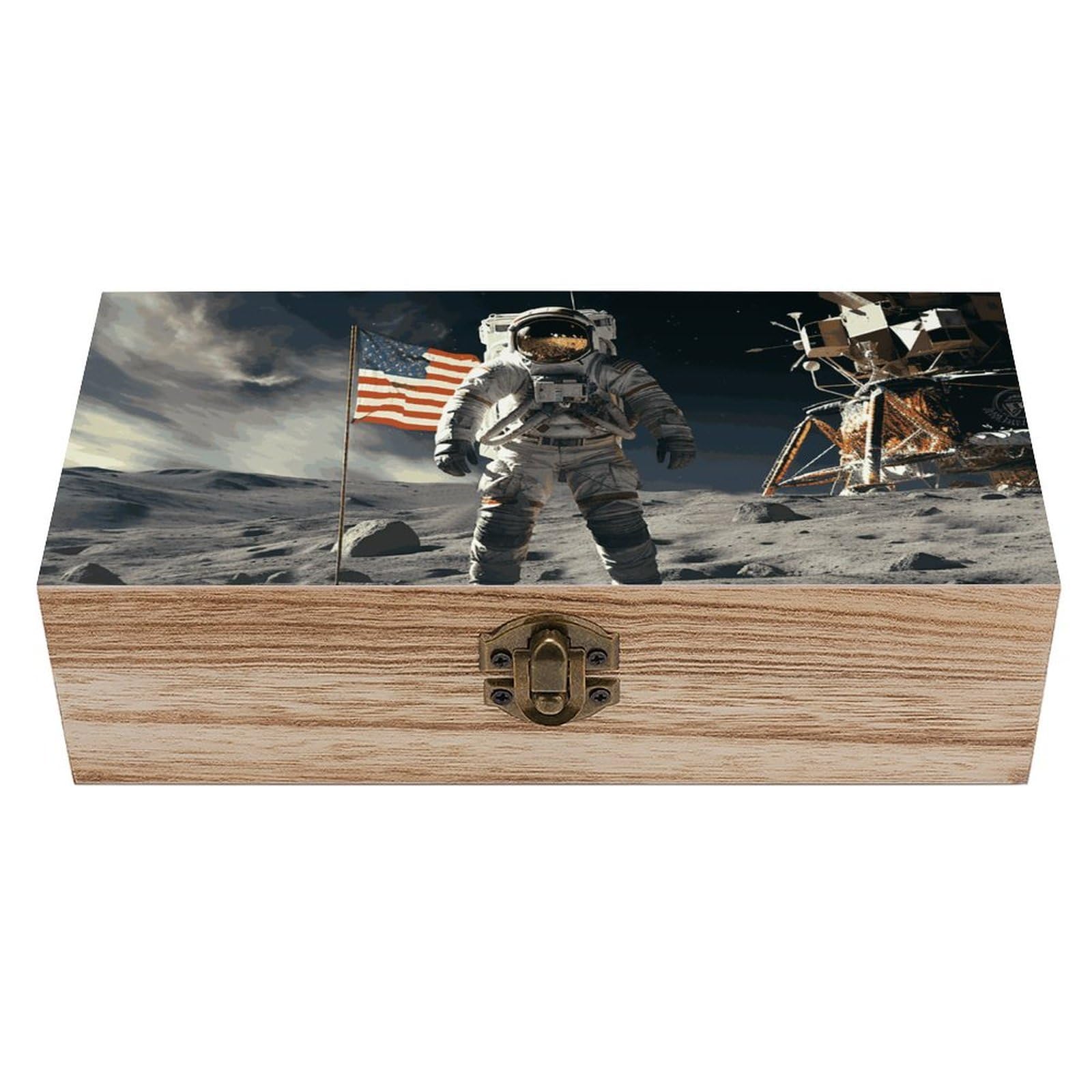 FodPand Decorative Keepsake Box Wooden Storage Boxes with Hinged Lid Handmade Astronaut Landing Wood Organizer Memory Treasure Box for Jewelry Craft Card Photo Storage Wedding Bridal Shower Gifts