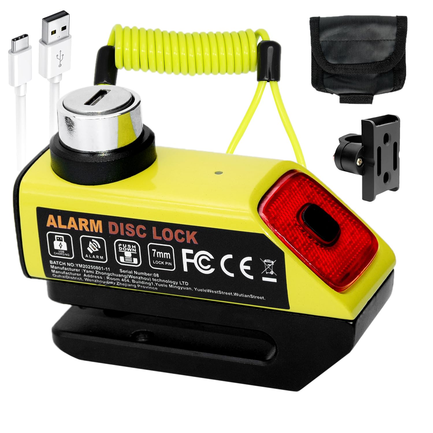 Antivol Moto avec Alarme 110dB, Rechargeable USB et Feu Arrière - Bloc Disque Haute Sécurité, Câble Escamotable 1.2m et Sac de Transport Inclus - Universel 7mm pour Moto, Scooter, Vélo