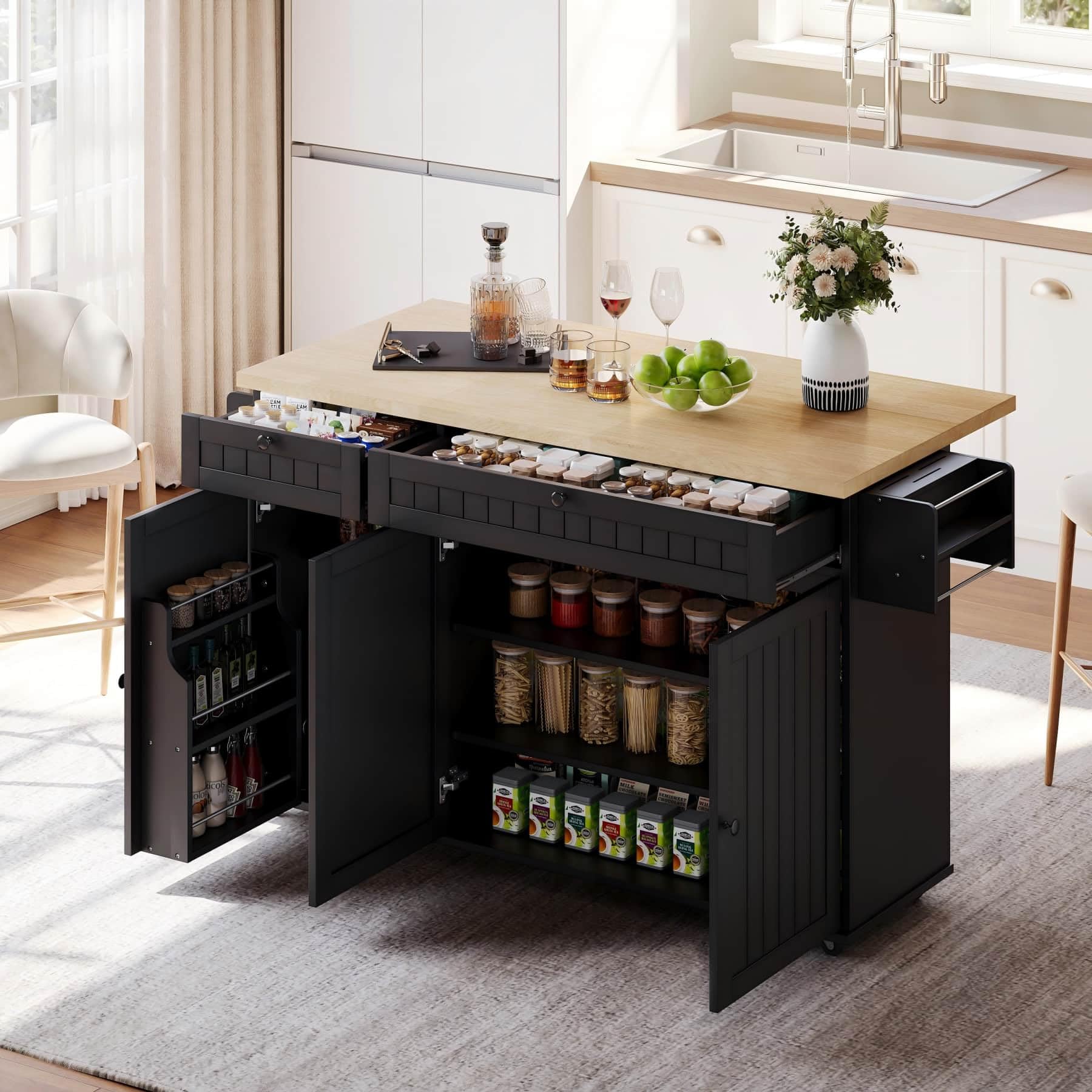 Îlot de Cuisine Multifonctionnel avec 2 tiroirs,3 Portes et 6 roulettes,Chariot de Cuisine avec Plan de Travail Rabattable,étagères réglables et Porte-Serviettes (Noir)