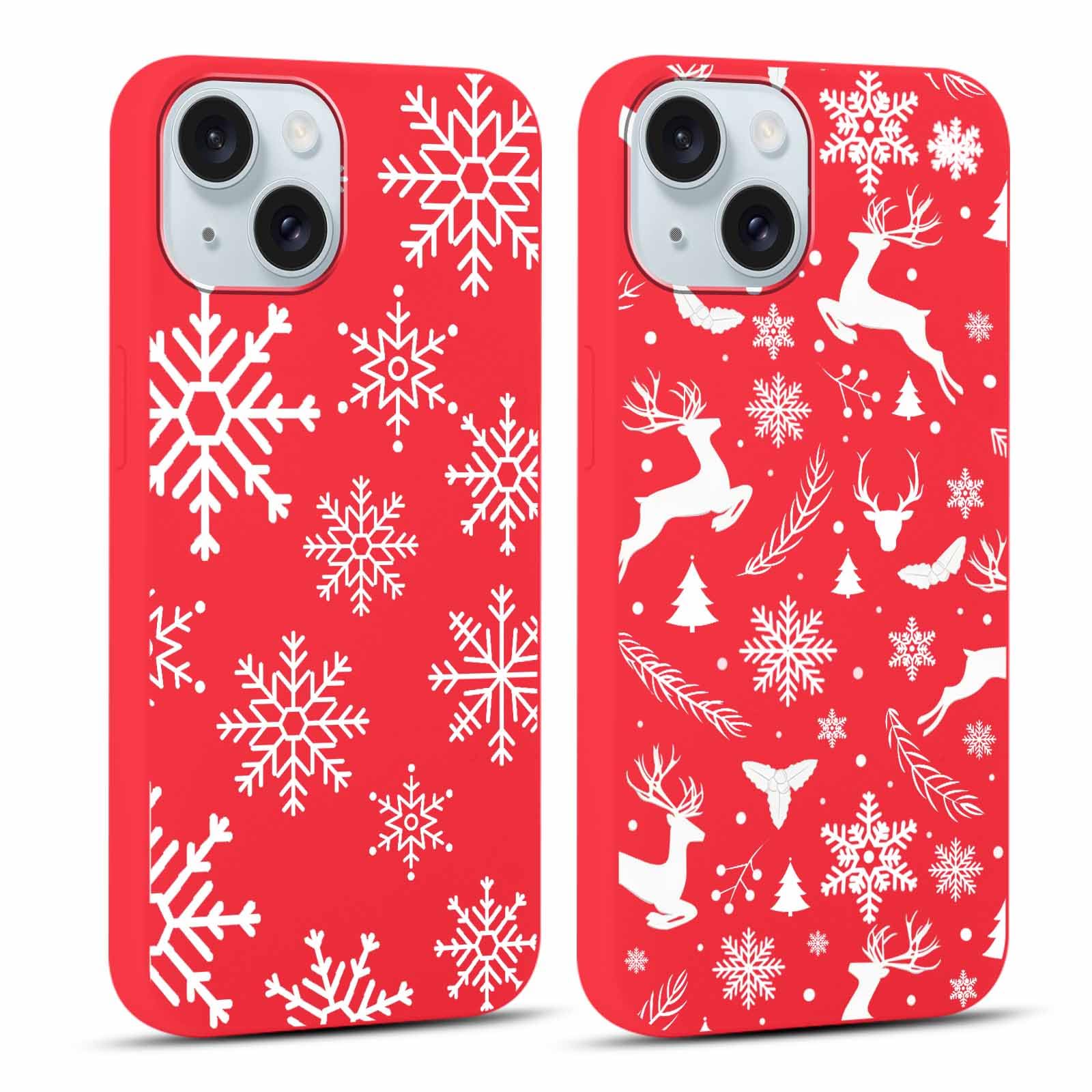 RUMDEY 2 Pack Cute Christmas Case for iPhone 15 6.1", Red Merry Christmas Elk Snowflake Pattern Soft Silicone TPU Pretty Flexible Protective Funda for