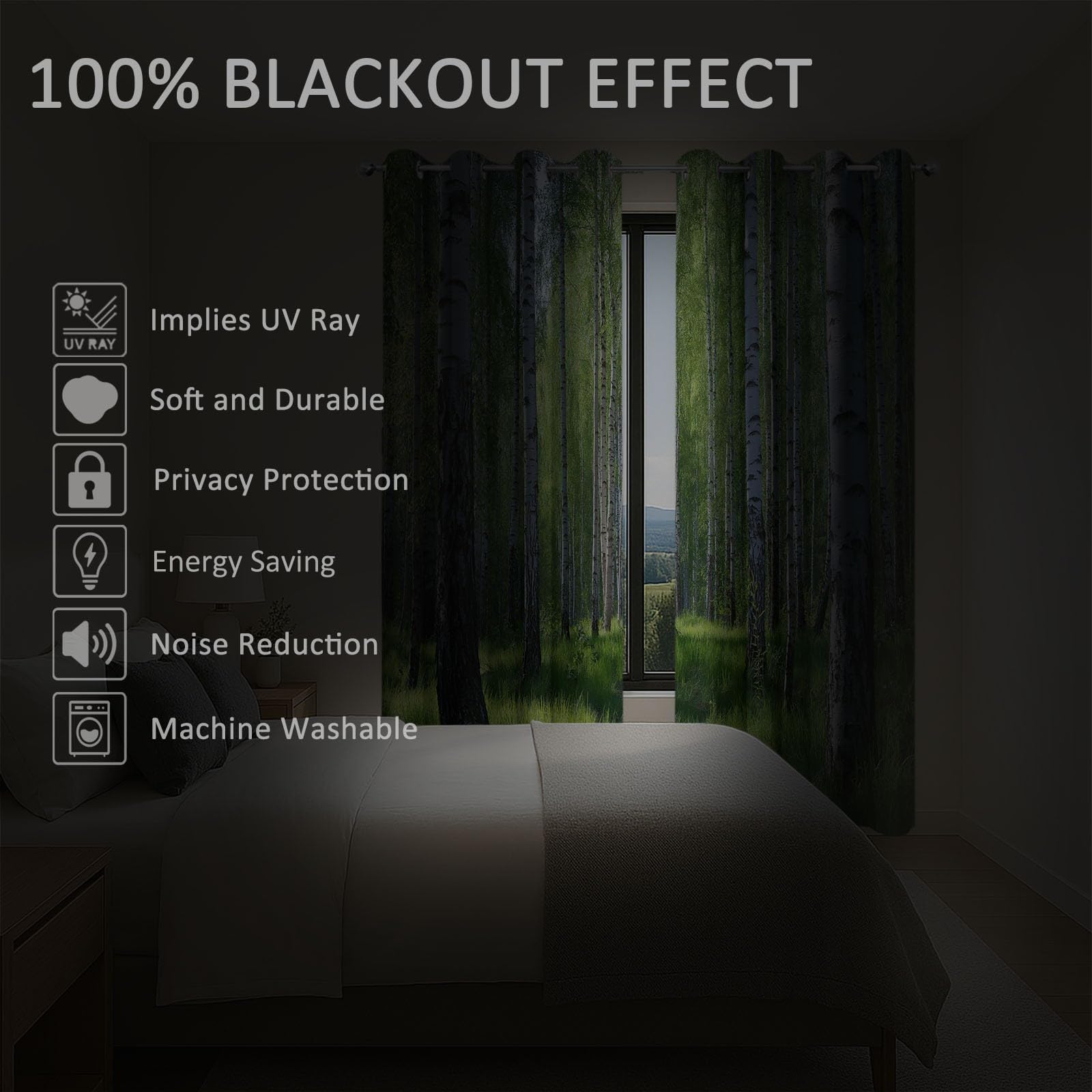 Generisch Verdunklungsvorhänge Birkenwald Natur Kinderzimmer Vorhänge Blickdicht, Grün Thermovorhang mit Ösen, für Schlafzimmer Fenster & Balkon Wald Blätter - 110 x 215 cm (2er Set)