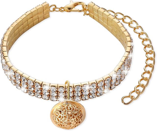 Cobee Bling Pet Collar with Diamonds and Palace Bell, Sparking Three-row Rhinestones Detachable Cat Necklace Collar with Luxury Pendant Elastic Cat/Dog Collar with Huge Bell for Puppy Kitten(Gold)