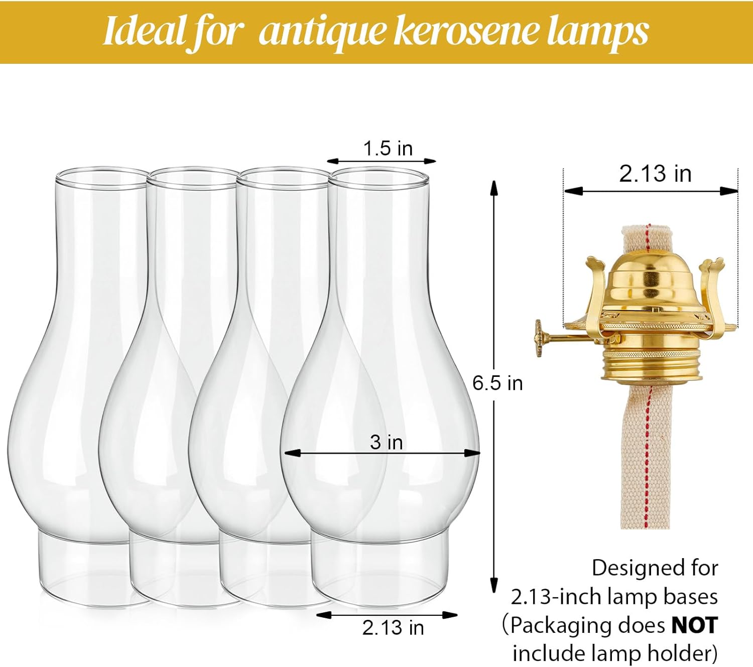 VIHOSE 4 Pcs Oil Lamp Chimney Replacement Clear Hurricane Lamp Globes Glass Shade for Kerosene Lamps (Retro,2.13 x 6.5 Inches)