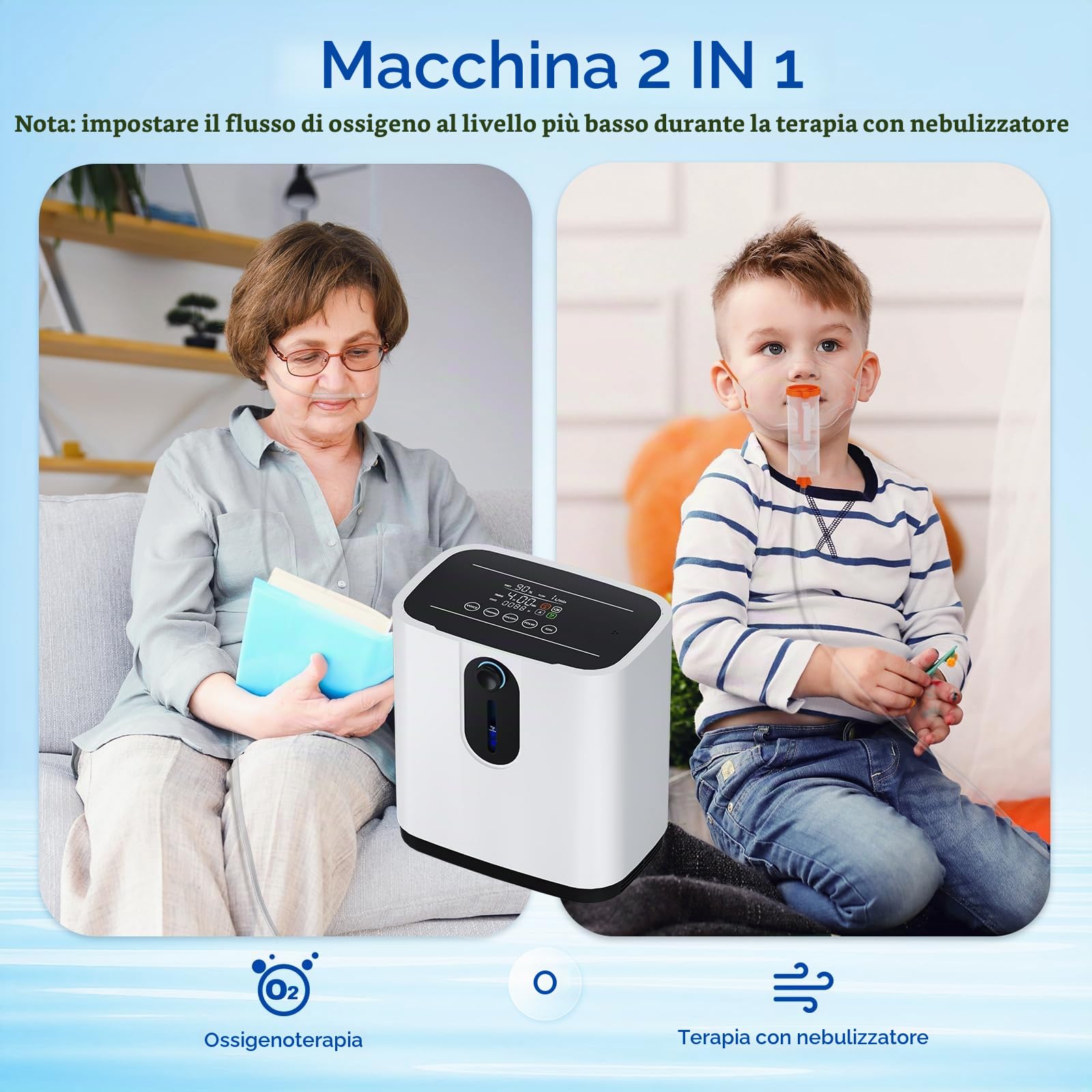 Concentratore di ossigeno portatile per la casa,Concentratore di ossigeno Xandoril,93%±3%, 1-7L/min,Doppio utilizzo di telecomando e touchscreen, <45 dB a basso rumore