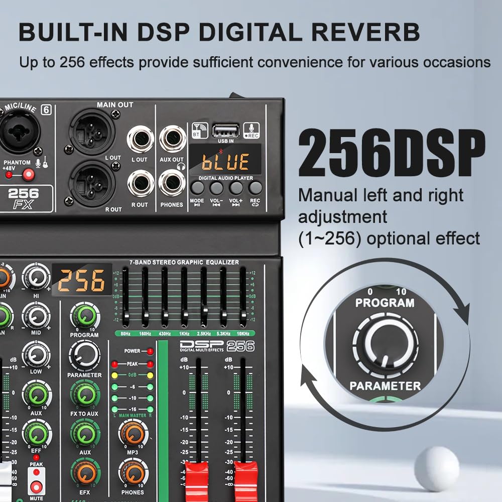 Mezclador de audio, Mezclador de efectos DSP de 6 canales, 256, grabación de PC, alimentación fantasma de 48V, mezcladores de sonido USB, Bluetooth Para karaoke, estudio, streaming y grabación