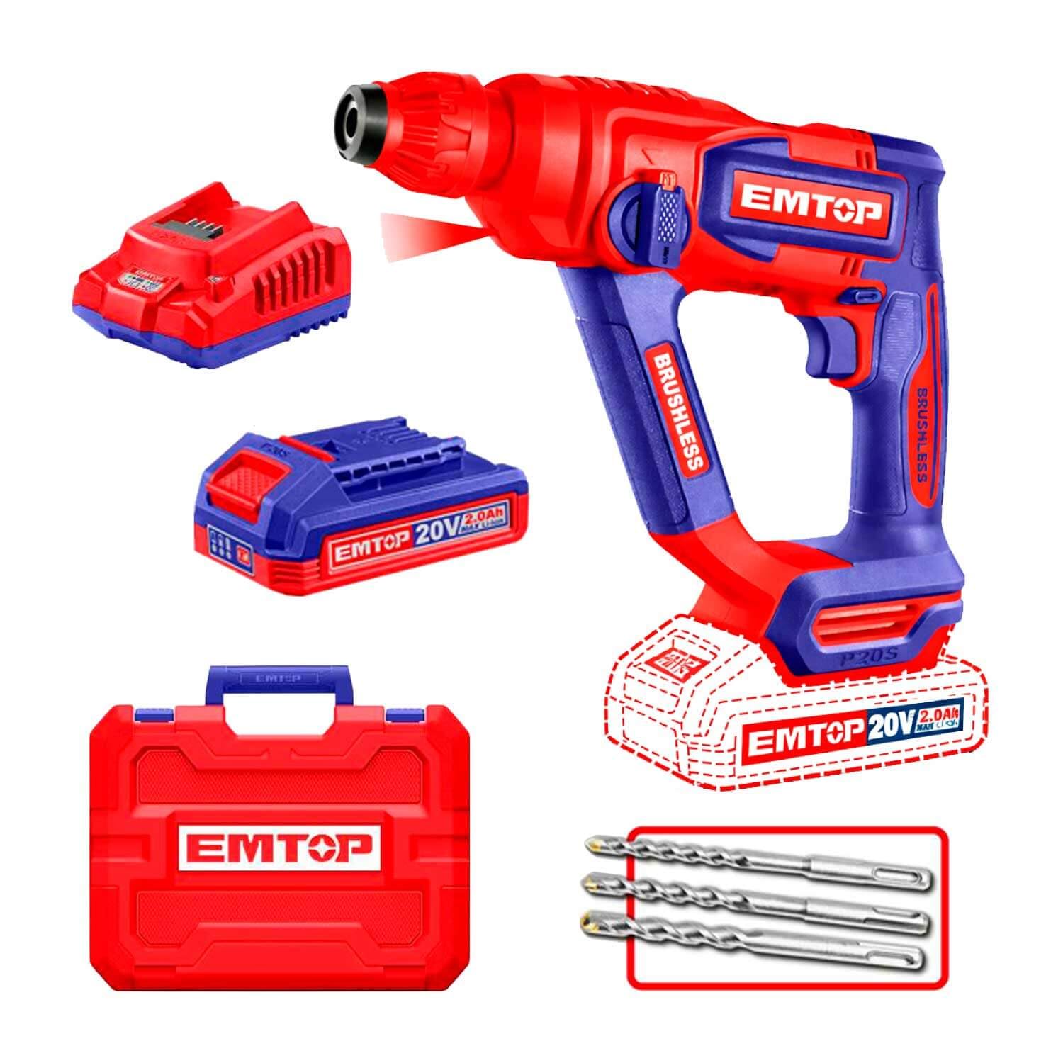 EMTOP Martelete Rotativo sem Fio Brushless, 20V, 850RPM, 5100BPM, SDS Plus, com Bateria