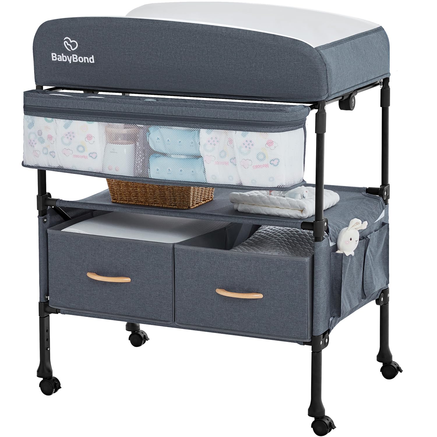 BabyBond Portable Baby Changing Table with 2 Storage Baskets, Foldable Changing Table Dresser Waterproof Diaper Changing Table Height Adjustable Changing Station for Infant and Newborn(Grey)