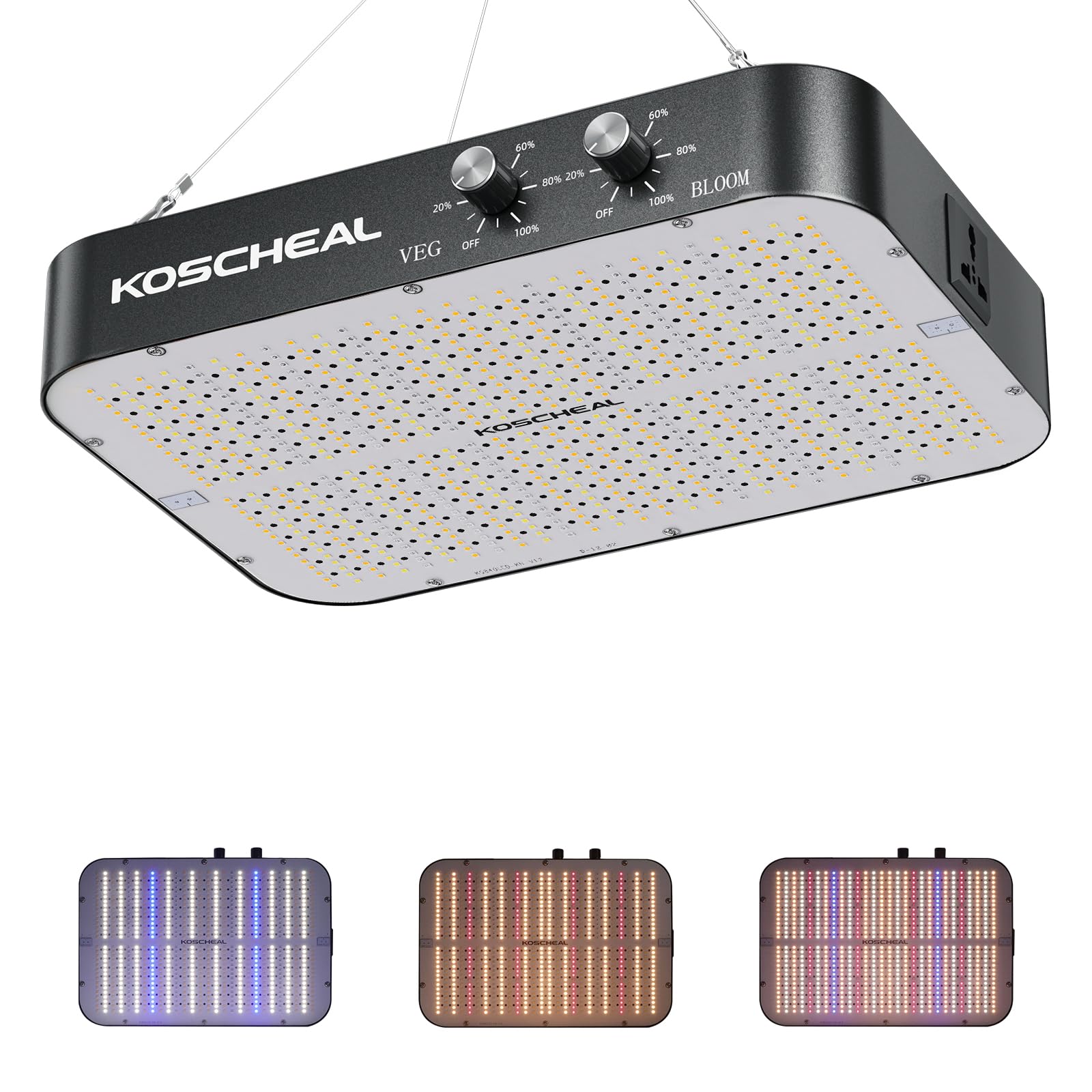 KOSCHEAL Lampe LED pour plantes KC1600 à intensité variable : 3 modes (Veg, Bloom, Veg + Bloom), lampe de croissance à double intensité 0-100 %, 2,9 μmol/J PAR, fonction Daisy Chain, ventilateur