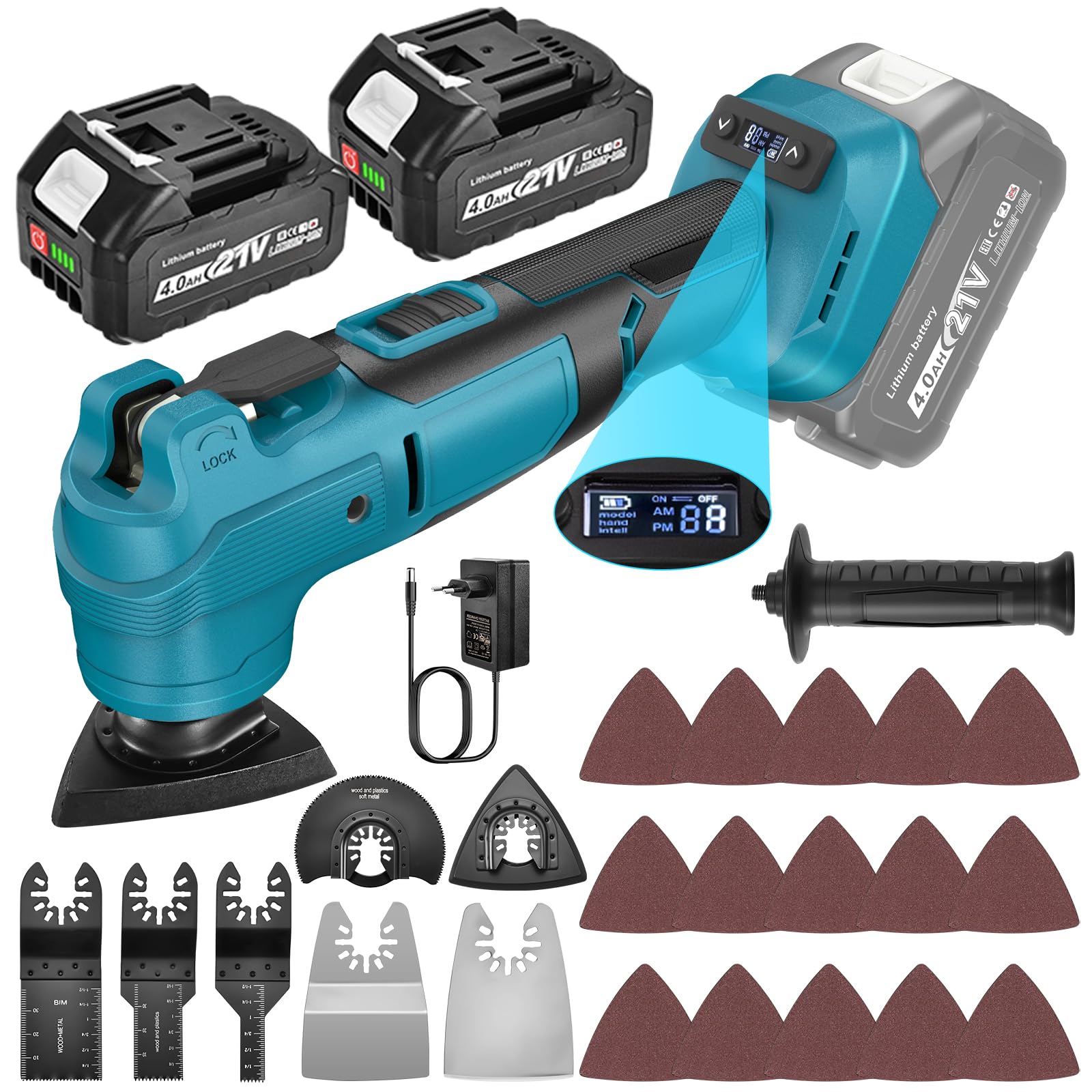 Outil Multifonction sans fil Compatible avec Batterie Makita 18V, Scie Oscillant Multitool 6 Vitesses +Mode Automatique 20000tr/min avec 2 * 4,0 Ah Batteries pour Couper, Poncer, Gratter