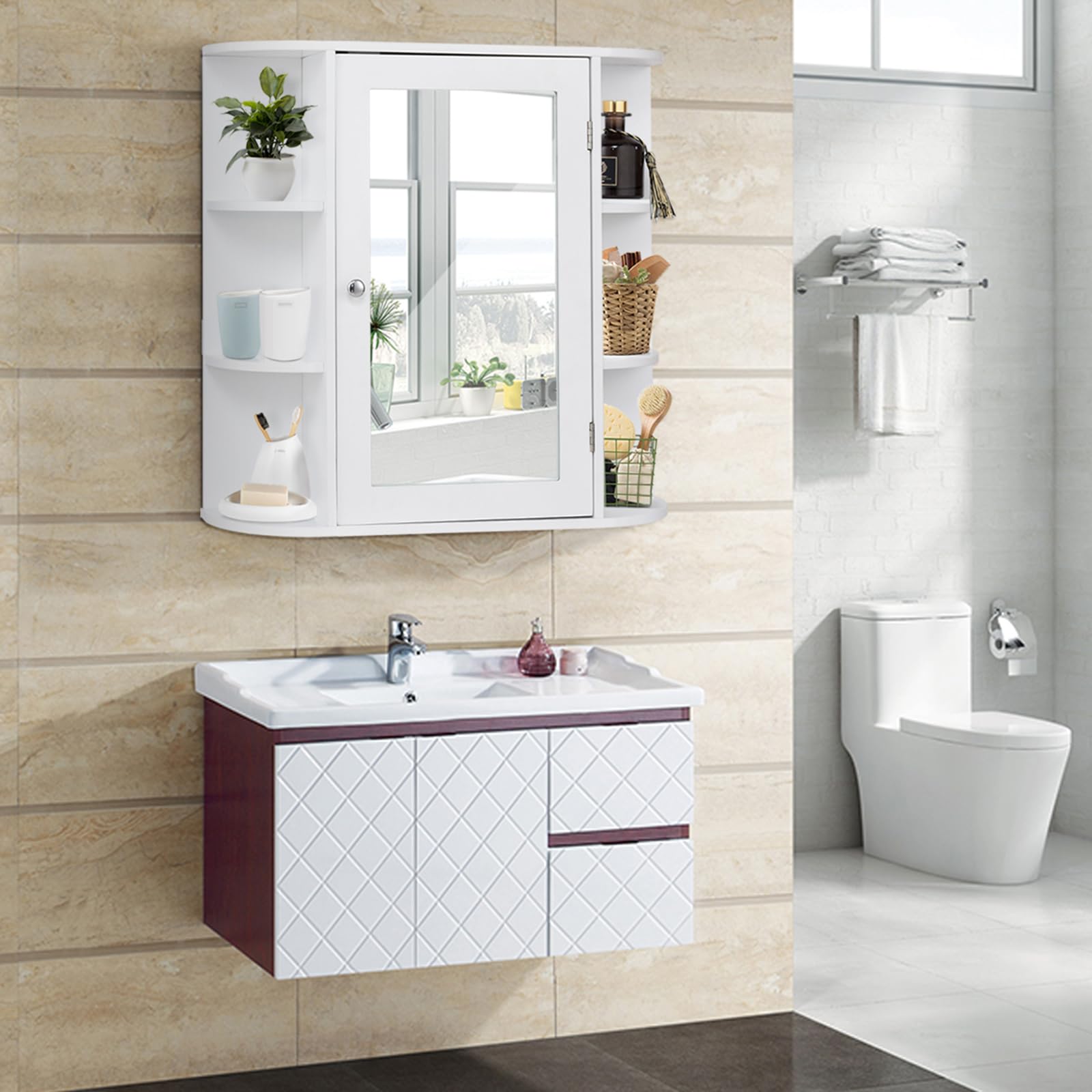 COSTWAY Mobile da Bagno 66 x 17 x 63cm, Armadietto da parete con Specchio, Ante e Mensola Regolabile, Armadietto Moderno e Multiuso, Bianco