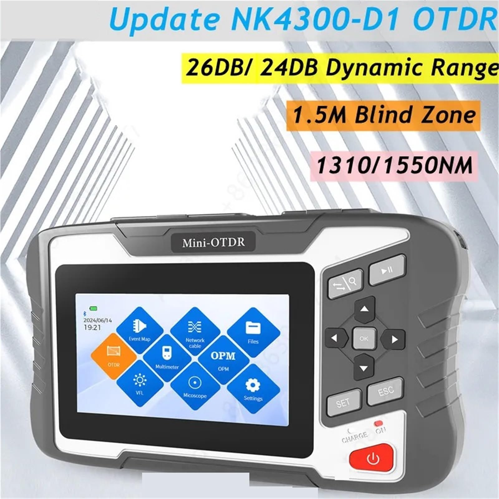 Reflectómetro de fibra óptica NK4300 D1 con pantalla táctil, VFL, OLS, OPM, mapa eventos, comprobador cable Ethernet, 1310 nm/1550 nm, 26 dB/24 dB Central eléctrica de la estación(Apc)
