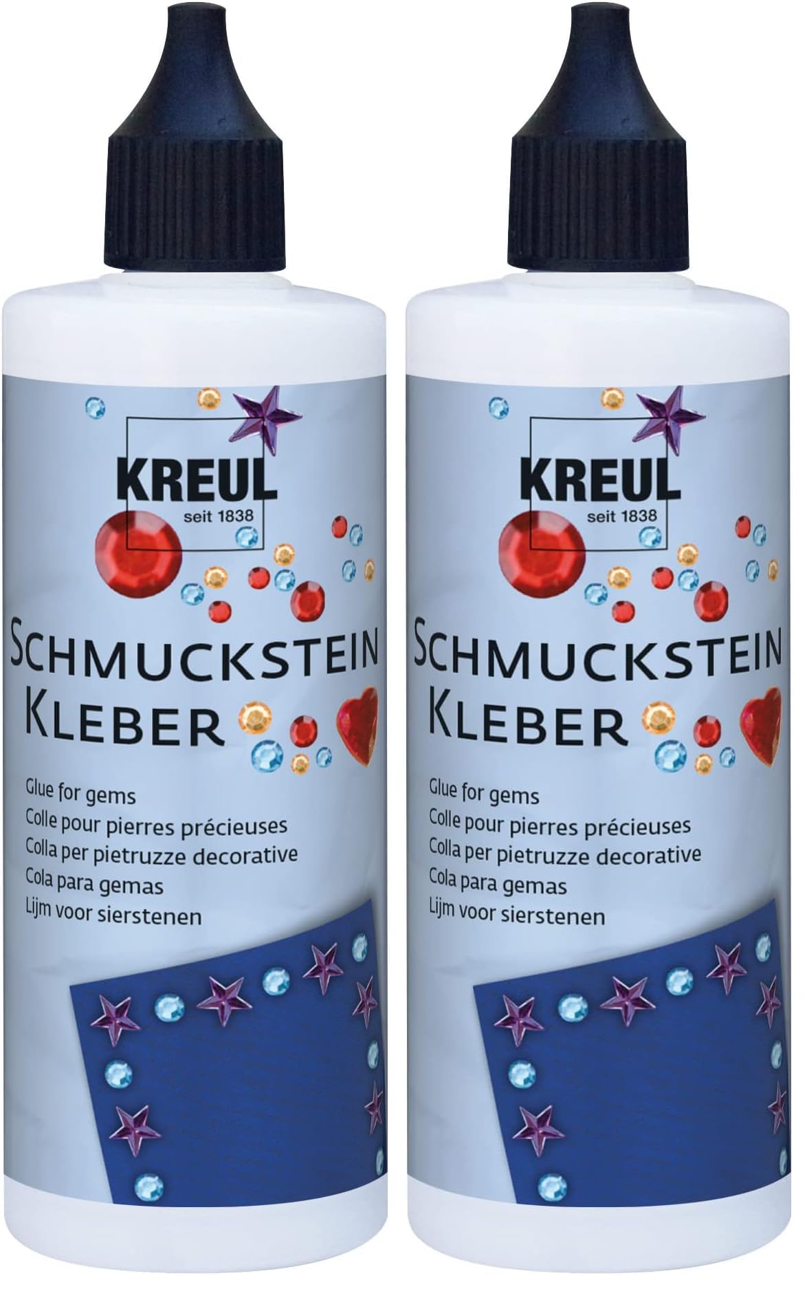 KREUL 49602 - Schmucksteinkleber, 125 ml Flasche, auf Wasserbasis hergestellt, trocknet transparent, mit feiner Düse für punktgenaues Aufkleben der Schmucksteine (Packung mit 2)