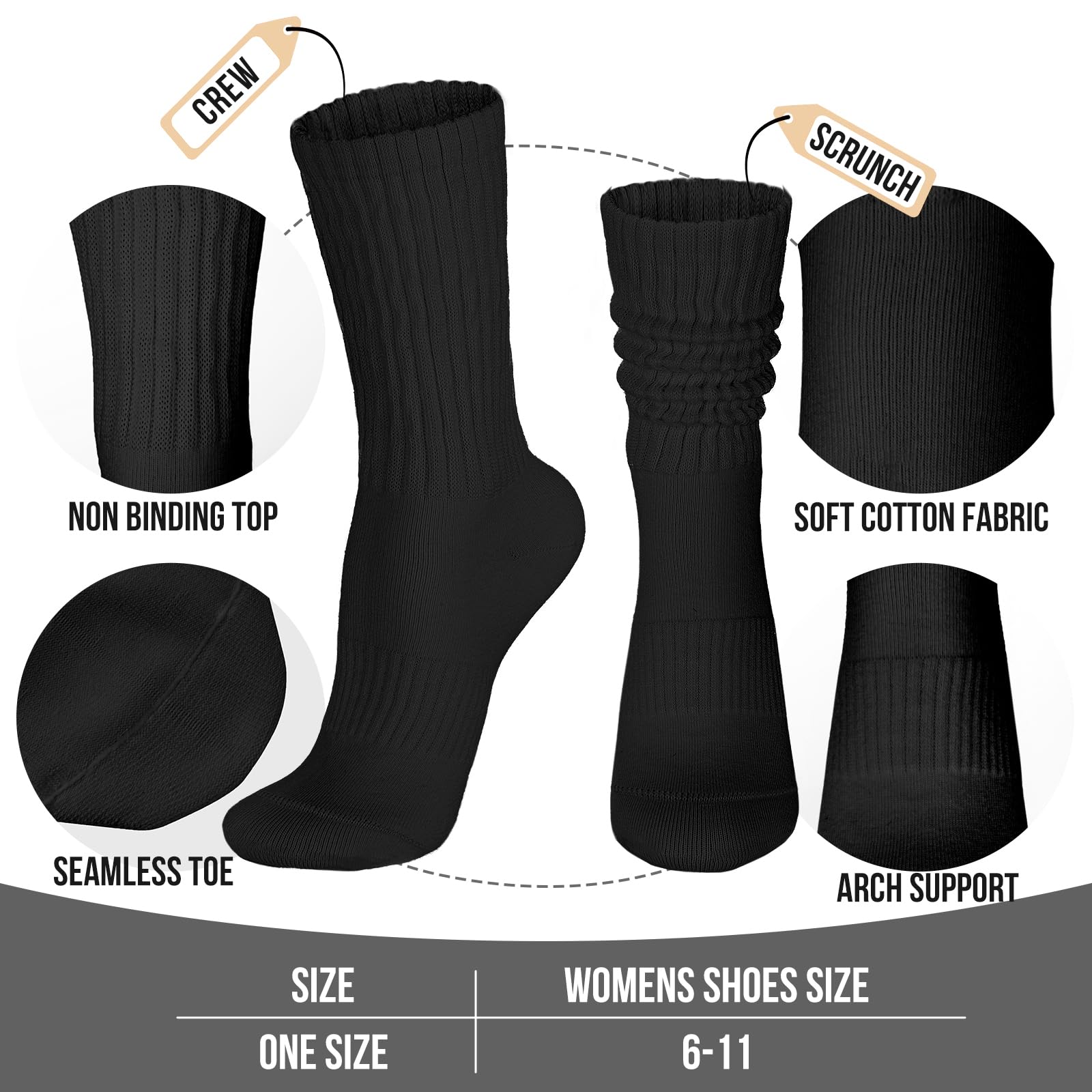 Womens Crew Scrunch Socks: 6 Pack Vintage Solid Cotton Mid Calf Slouch Socks - Athletic for Gym & Fitness: 6-11 C02-black(6 Pairs)