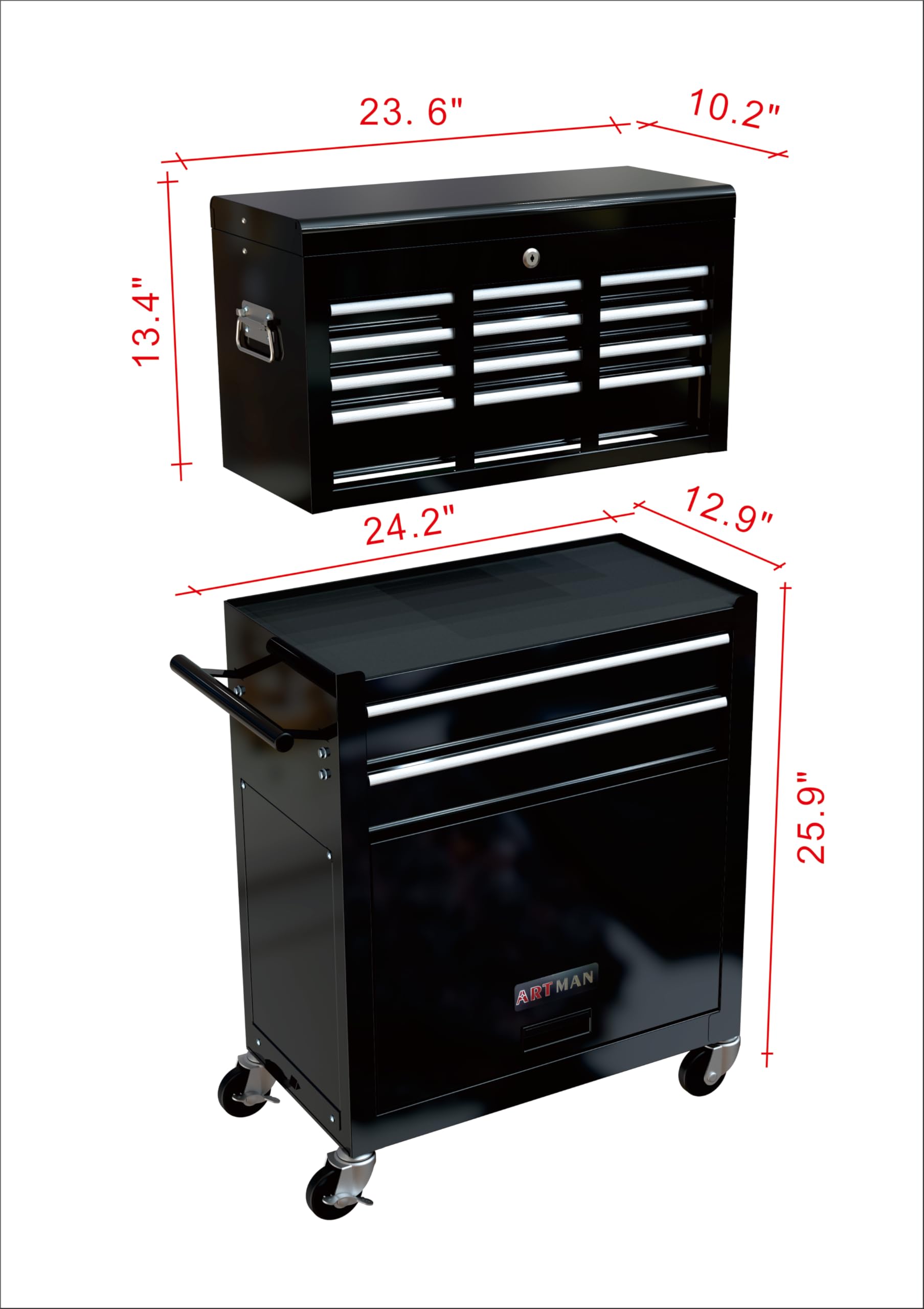 Heavy-Duty 8-Drawer Rolling Tool Chest with Locking Casters and Work Surface - Black