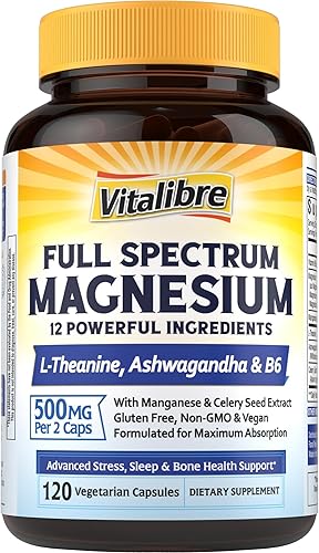 Suplemento complejo de magnesio 500 mg + Ashwagandha, L-teanina, vitamina B6 y apio, glicinato de magnesio de alta absorción, citrato, malato, apoyo