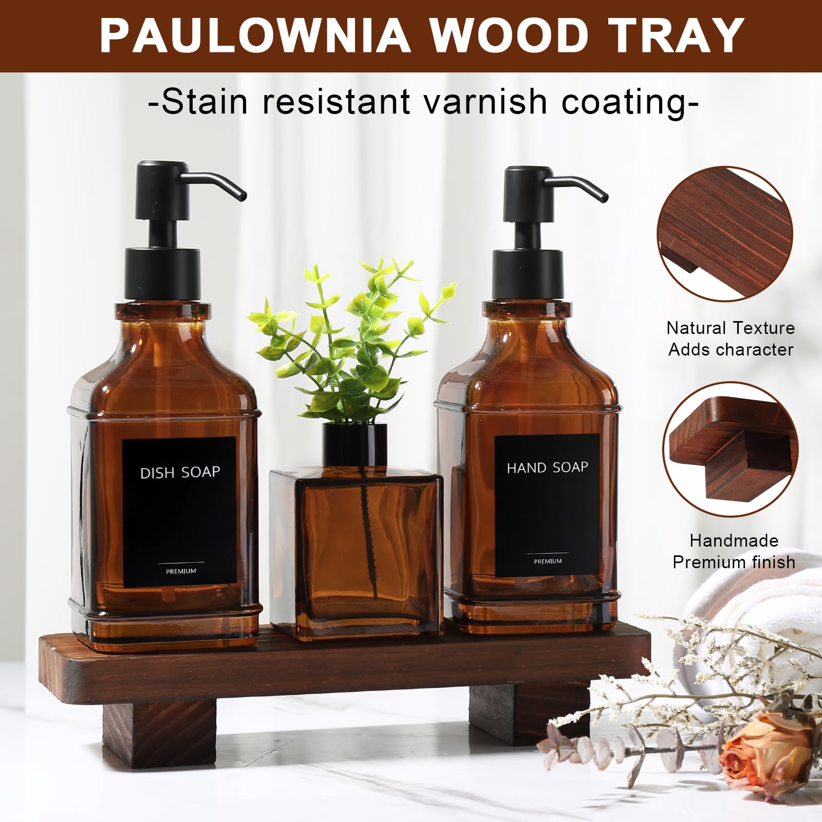 Moderno set di dispenser di sapone da cucina con vassoio in legno, dispenser di sapone in vetro ambrato con pompa, set di dispenser di sapone decorativo per mani e piatti, dispenser di sapone e