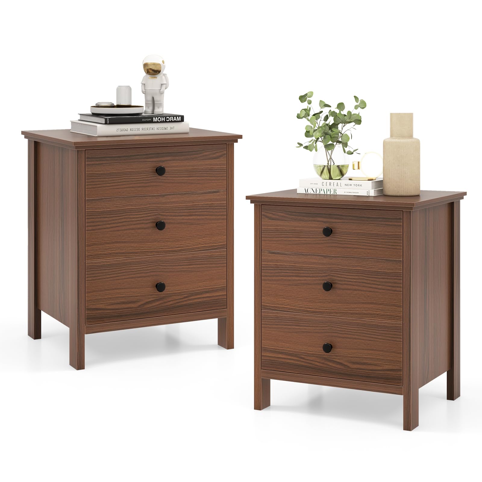 Giantex Set of 2 Nightstand with Drawers Solid Structure Side Table for Storage Bedroom, Living Room Accent Furniture Small Spaces Side End Table, (Brown, 24 in x 18 in x 26 in)