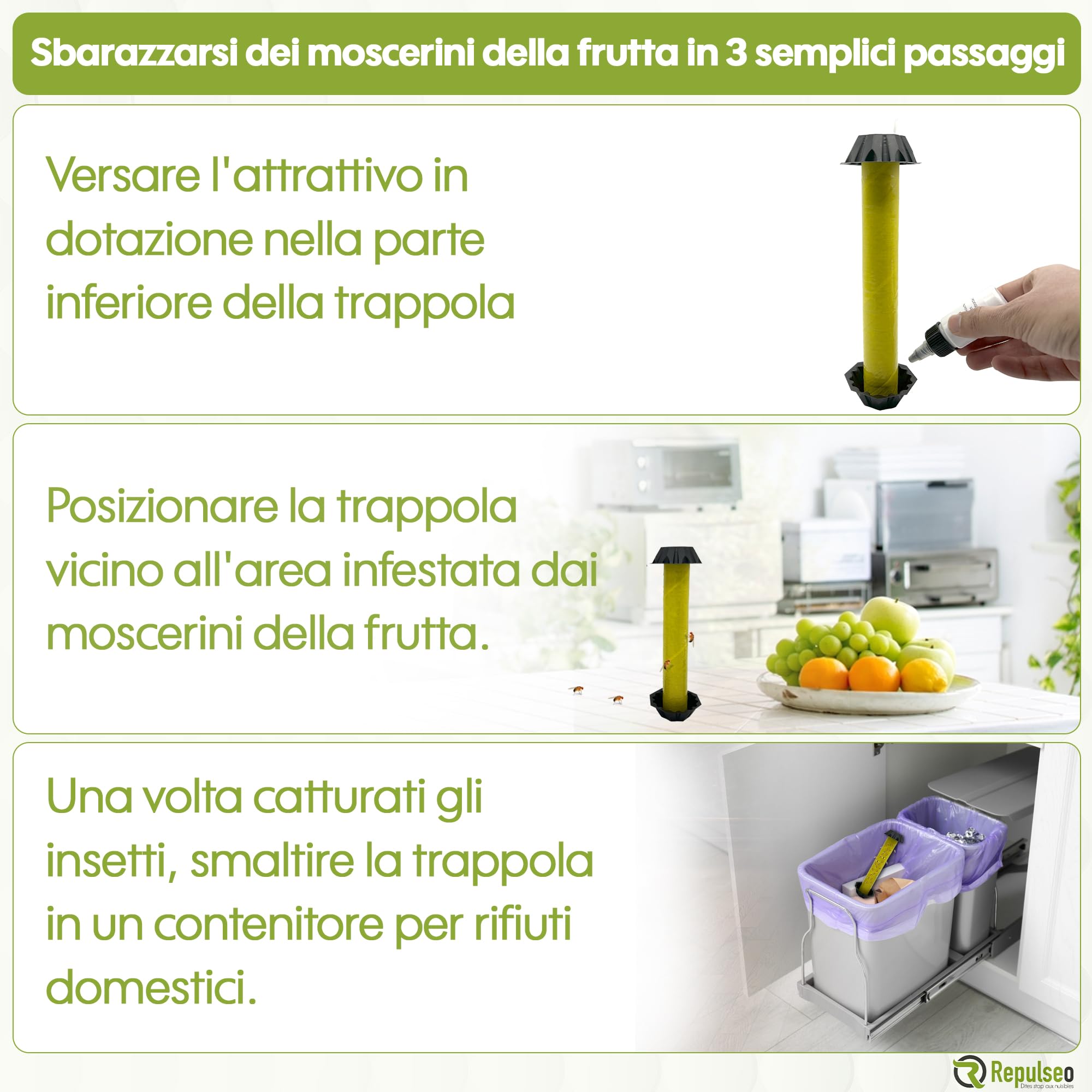 Trappola per Mosche dei Frutti ✯Made in UE✯, Anti Moscherini Interno, Attrape Moscherini Cucina, Piega Moscherini e Mosche dei Frutti Interno [Rimedio Naturale e senza Insetticida]