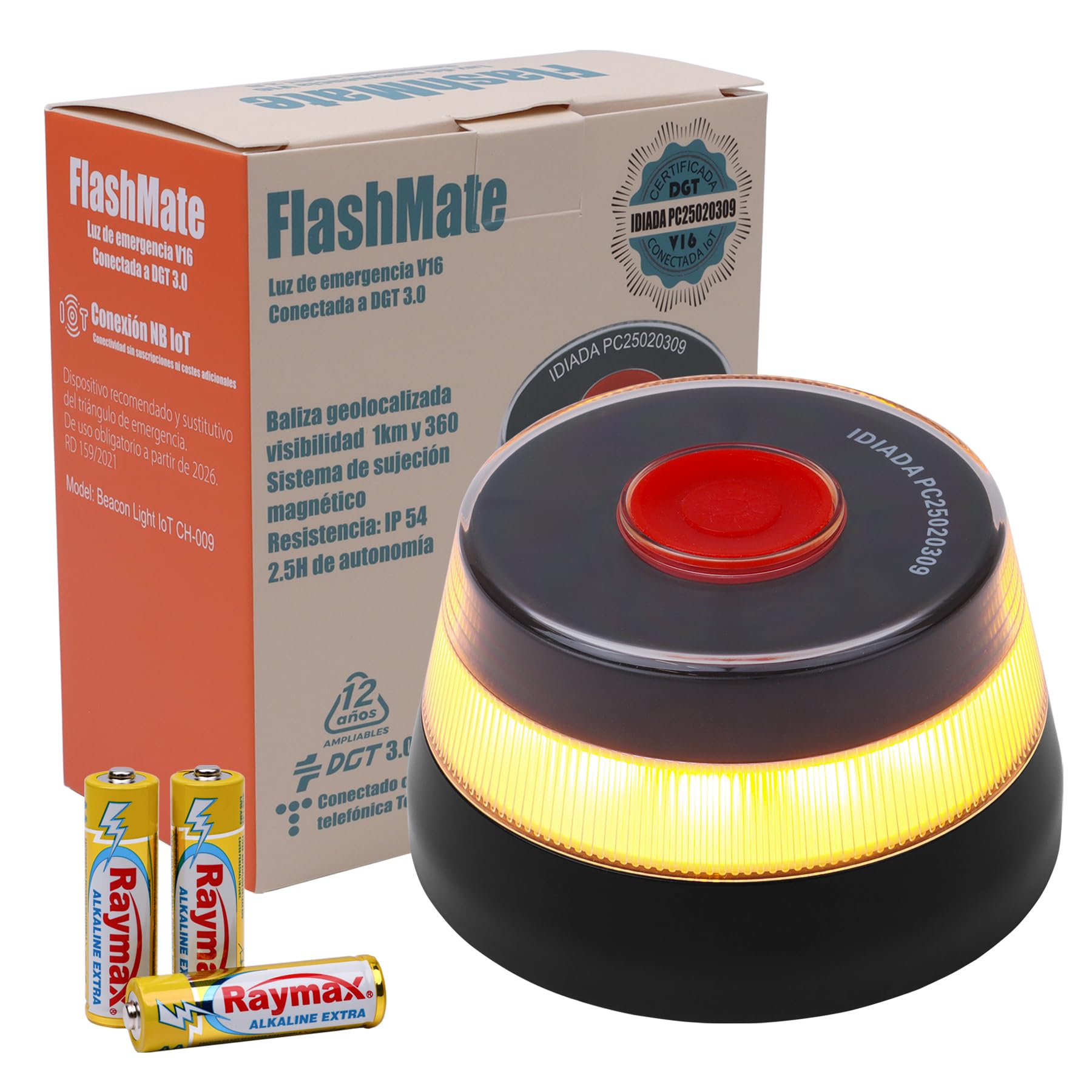 Luz V16 Conectada DGT 3.0 con Geolocalización,Baliza Emergencia Coche Homologada con SIM y Datos Incluidos 12 Años,Luz Señal V16 Magnética 1km,IP54,con Funda y Pilas
