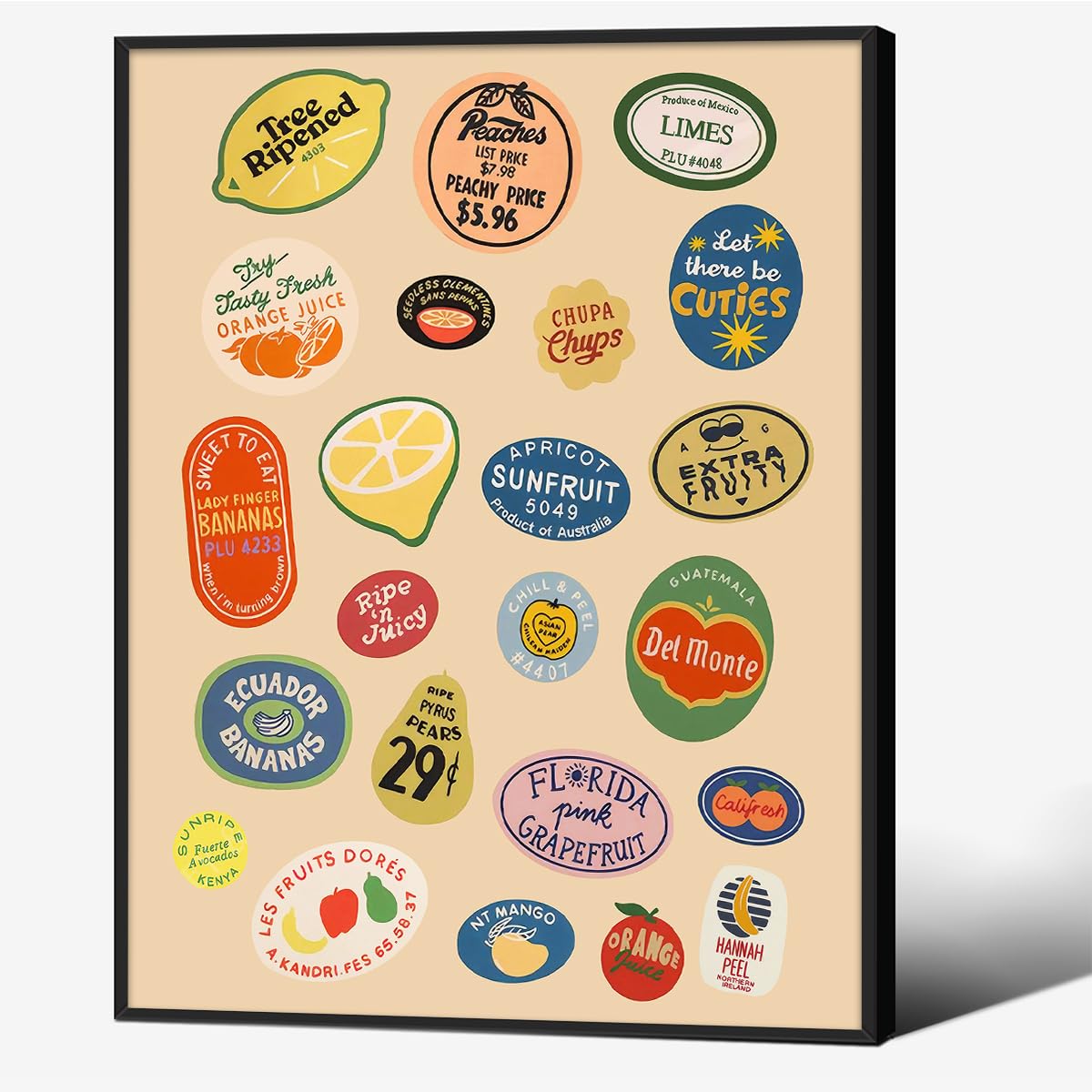 Black Framed Canvas Wall Art Posters Trendy Kitchen Vintage Fruit Market Pictures Prints Retro Food for Living Room, Kitchen, Dining Decor 12x16 In