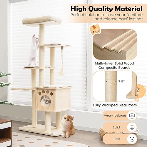 Miniatura 3 de PETSITE Torre de árbol para gatos de 67 pulgadas de alto para gatos de interior, centro de actividades moderno de varios niveles con percha