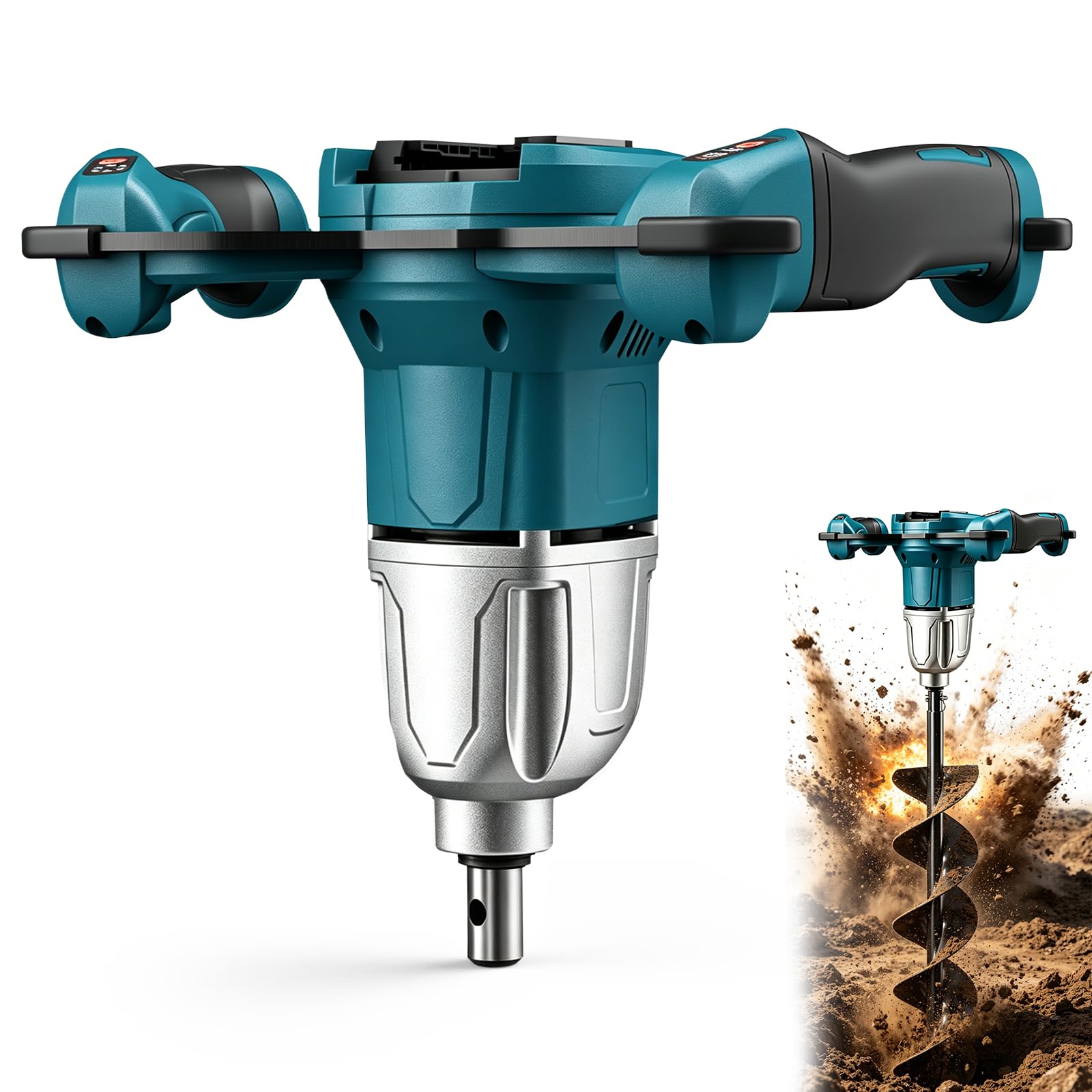 Professional Akku-Erdbohrer Kompatibel mit Makita18V Batterie, Elektrischer Erdlochbohrer Pfahlbohrer mit 2 Griffen, Bürstenloser Motor für Gartenbau/Pfahlsetzung, Mörtelrührer,ohne Boor(ohne Akku)