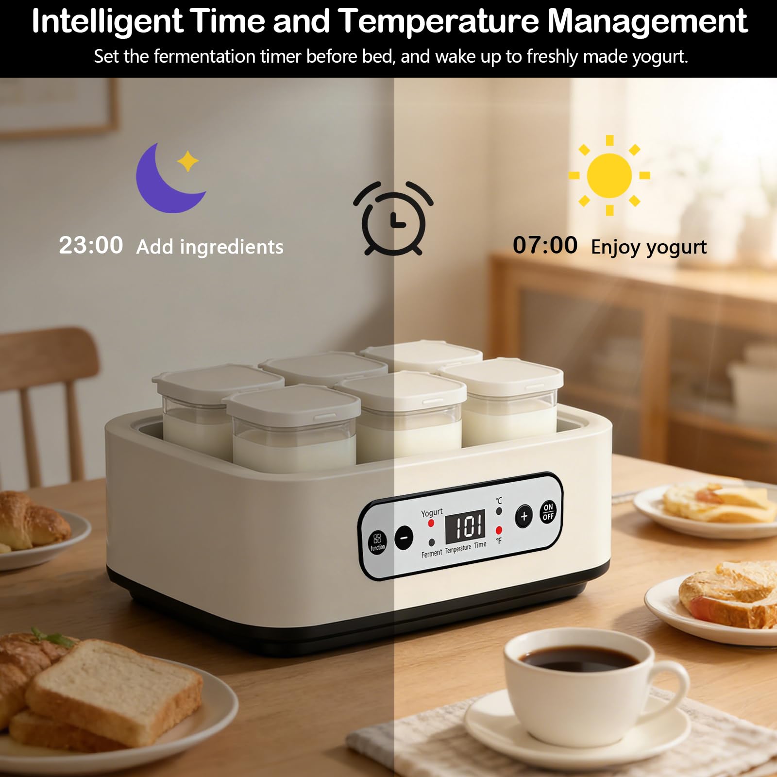 Yogurtiera, Macchina per Yogurt da 1,6L con 6 Vasetti da 250 ml Yogurtiera con Impostazione del Timer da 1 a 99 ore Controllo Della Temperatura da 21 a 48°C e LCD Display per Yogurt Natto Vino di Riso