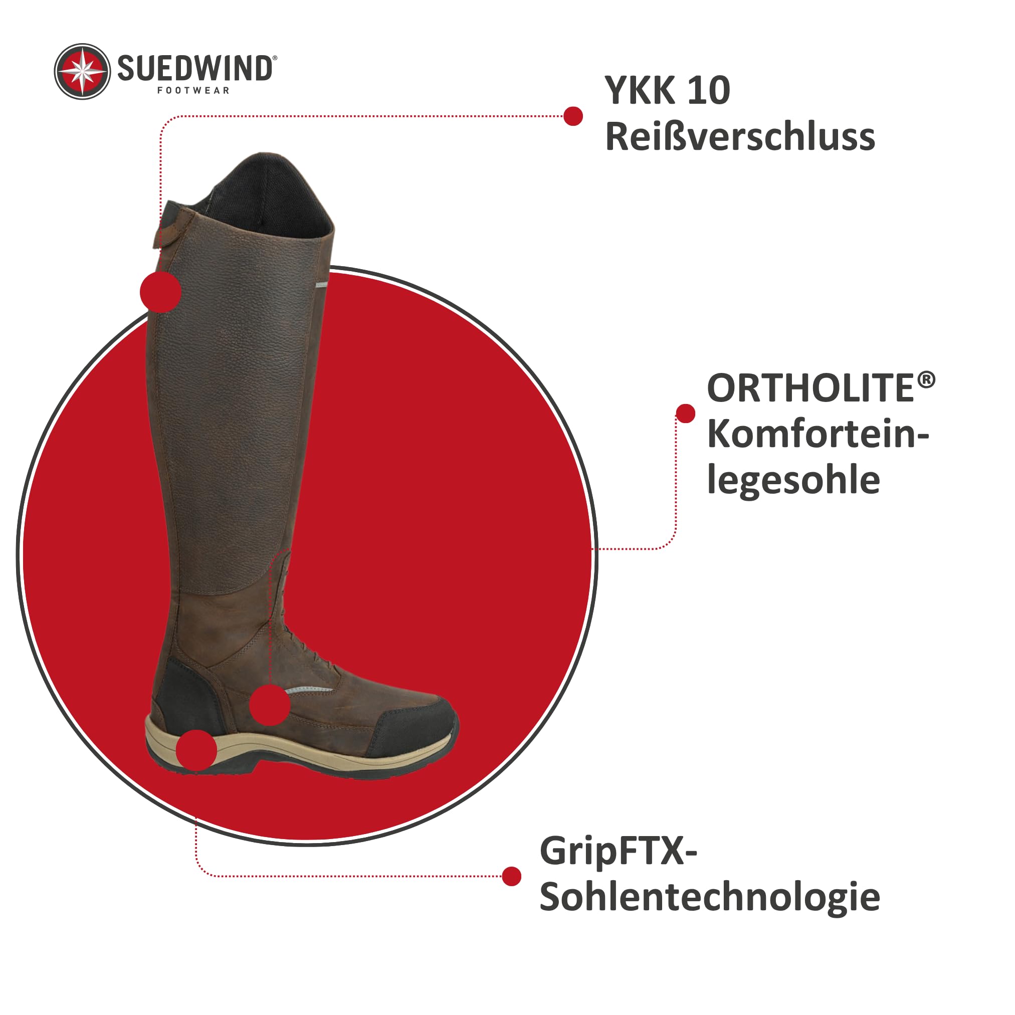 SUEDWIND FOOTWEAR Damen Reitstiefel Field Tall GripFTX – Leder Stiefel für Stall & Ausritt – Allwetter – Schnürung, Micro-Dry-Futter, Zipper, GripFTX-Sohle – chocolate – Gr. 37 – 42