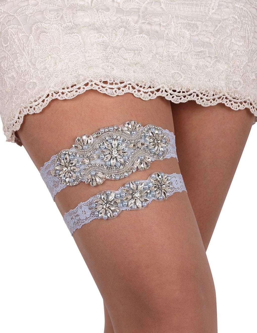 Blue Rhinestone Pearl Bridal Wedding Garter Belt Set for Bride Something Blue Blue Rhinestone Pearl Bridal Wedding Garter Belt Set for Bride Something Blue