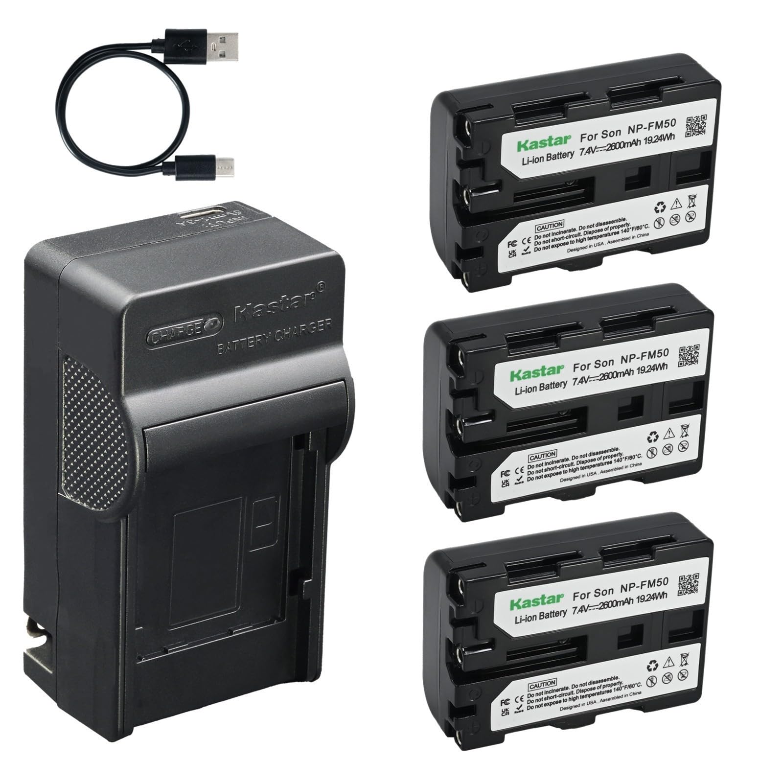 Kastar 3-Pack Battery and AC &amp; USB-C Charger, Compatible with Sony NP-FM30 NP-FM40 NP-FM50 NP-FM55H NP-FM60 NP-QM50 and Sony CCD-TRV108 218 250 328 DCR-TRV22 33 40 60 70 80 PC100 PC120 DSC-F707 F717
