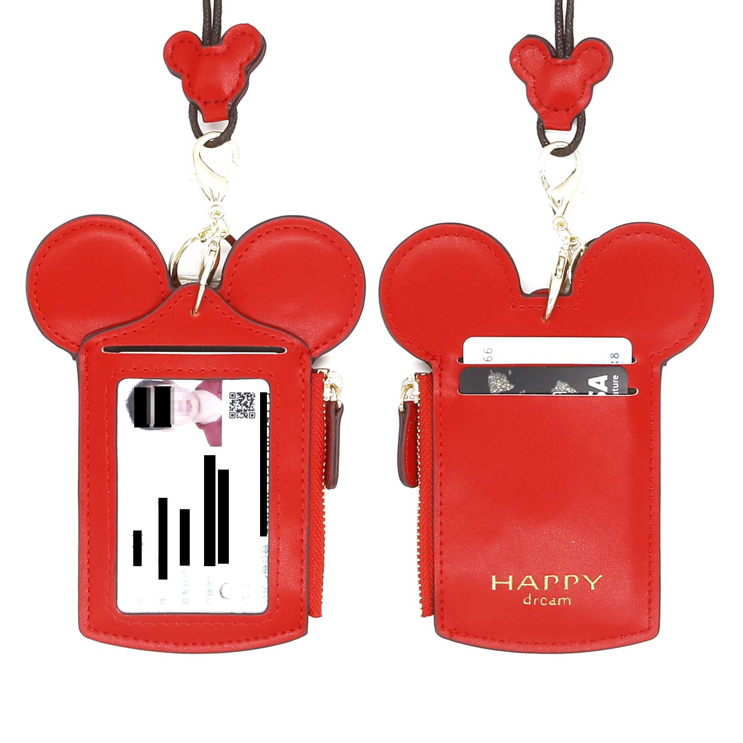 Soporte de identificación con soporte para credencial con cordón, piel sintética, cartera de cuello con forma de animal lindo para mujer (rojo) 3
