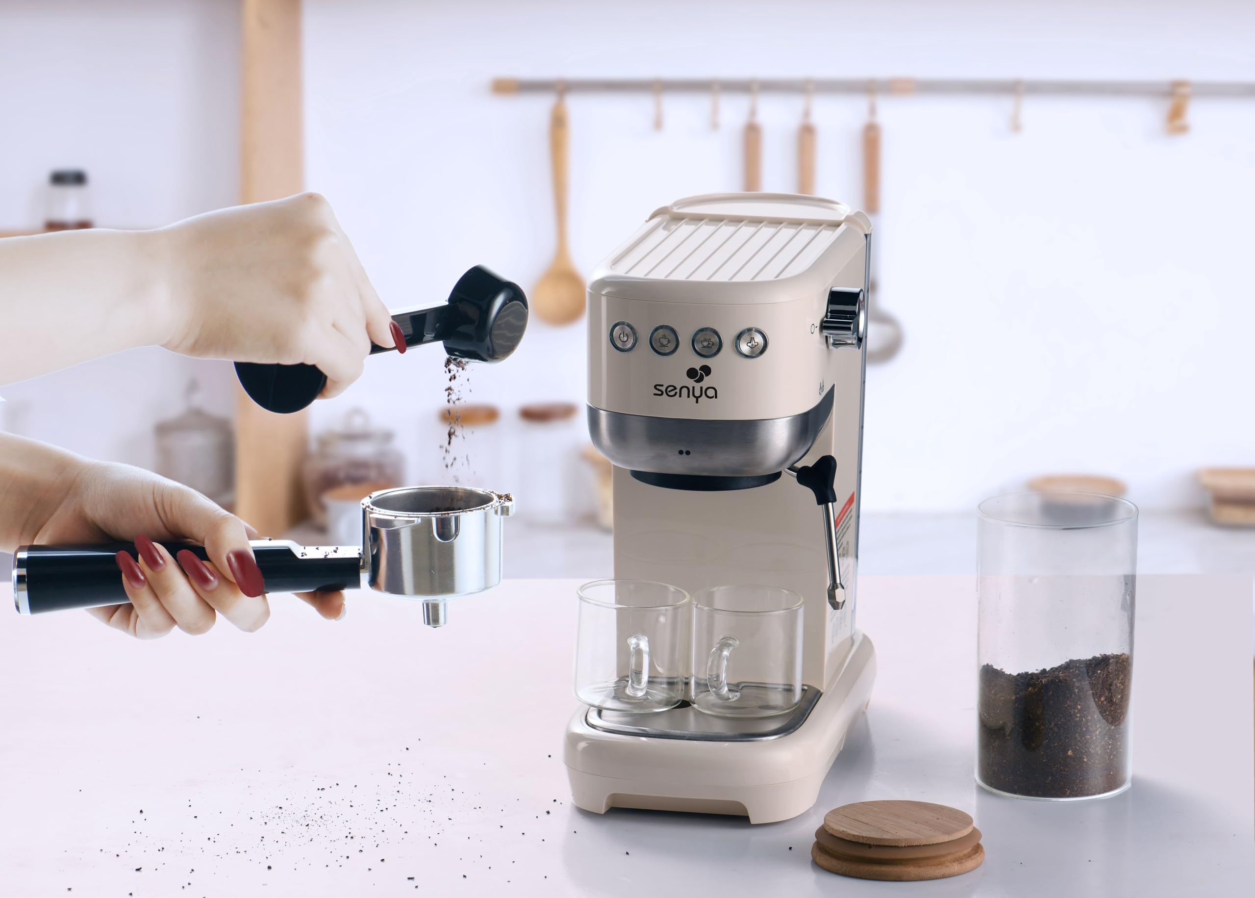 Senya Tasty Coffee Machine expresso 20 bars – Cafetière expresso manuelle 1350W avec mousseur de lait, technologie thermoblock, 1 ou 2 tasses, cappuccino & latte – Réservoir 1,1 L