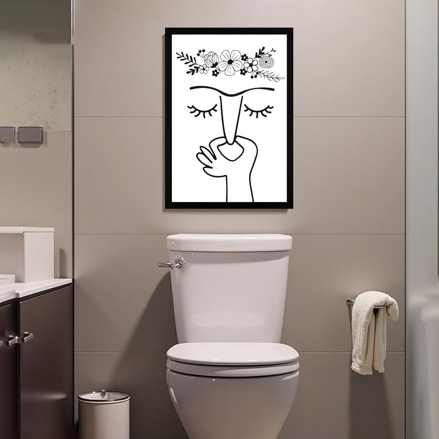 WRFON Framed Line Bathroom Wall Art, Minimalist Face Line with Flower Crown Artwork Print, Black and White Canvas Wall Painting, Modern Abstract Farmhouse Decoration for Home Decor, 16" W x 24" L