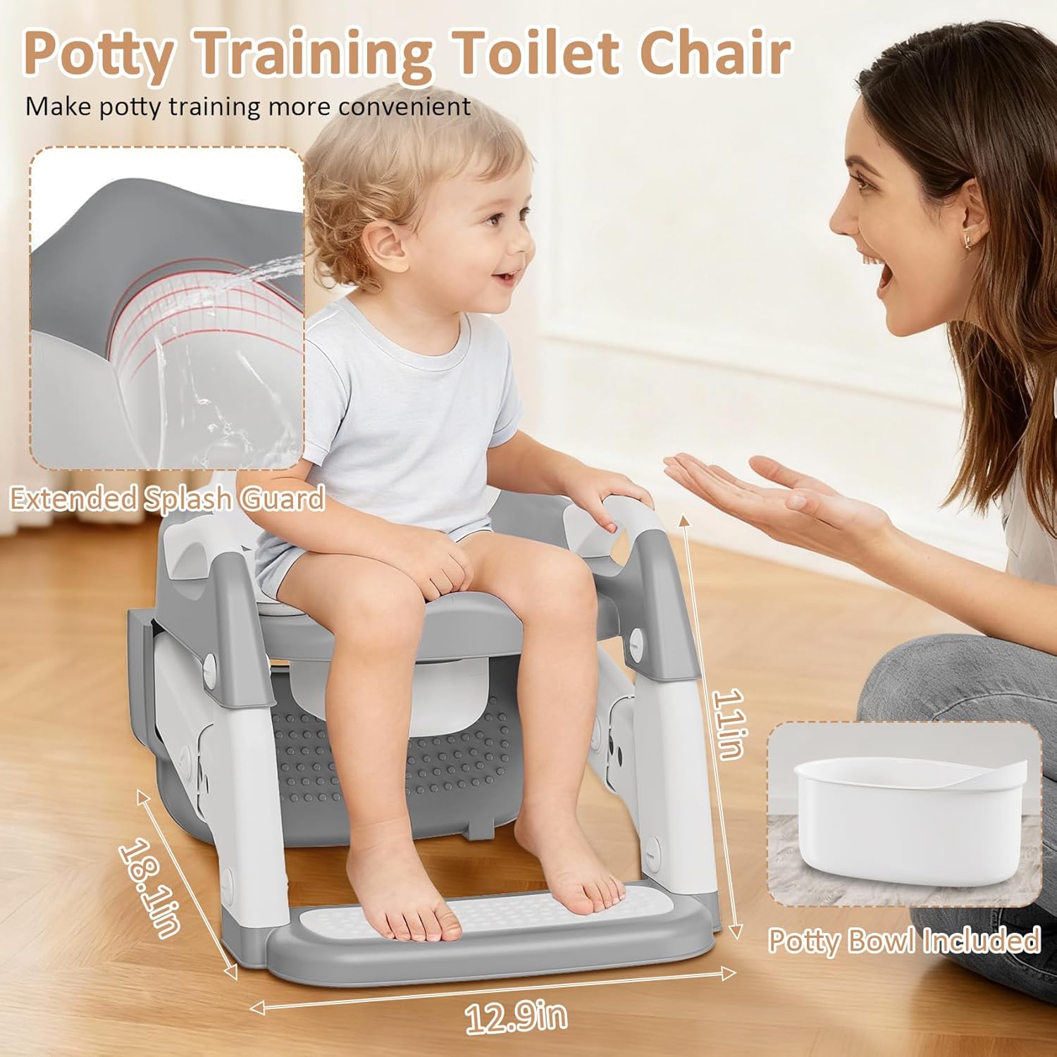 Potty Training Seat with Step Stool Ladder, 3-in-1 Toddler Potty Training Toilet Seat for Boys Girls, Height Adjustable Foldable Toddler Potty with Splash Guard, Non Slip Pad and Safety Handles(Grey) - Image 5
