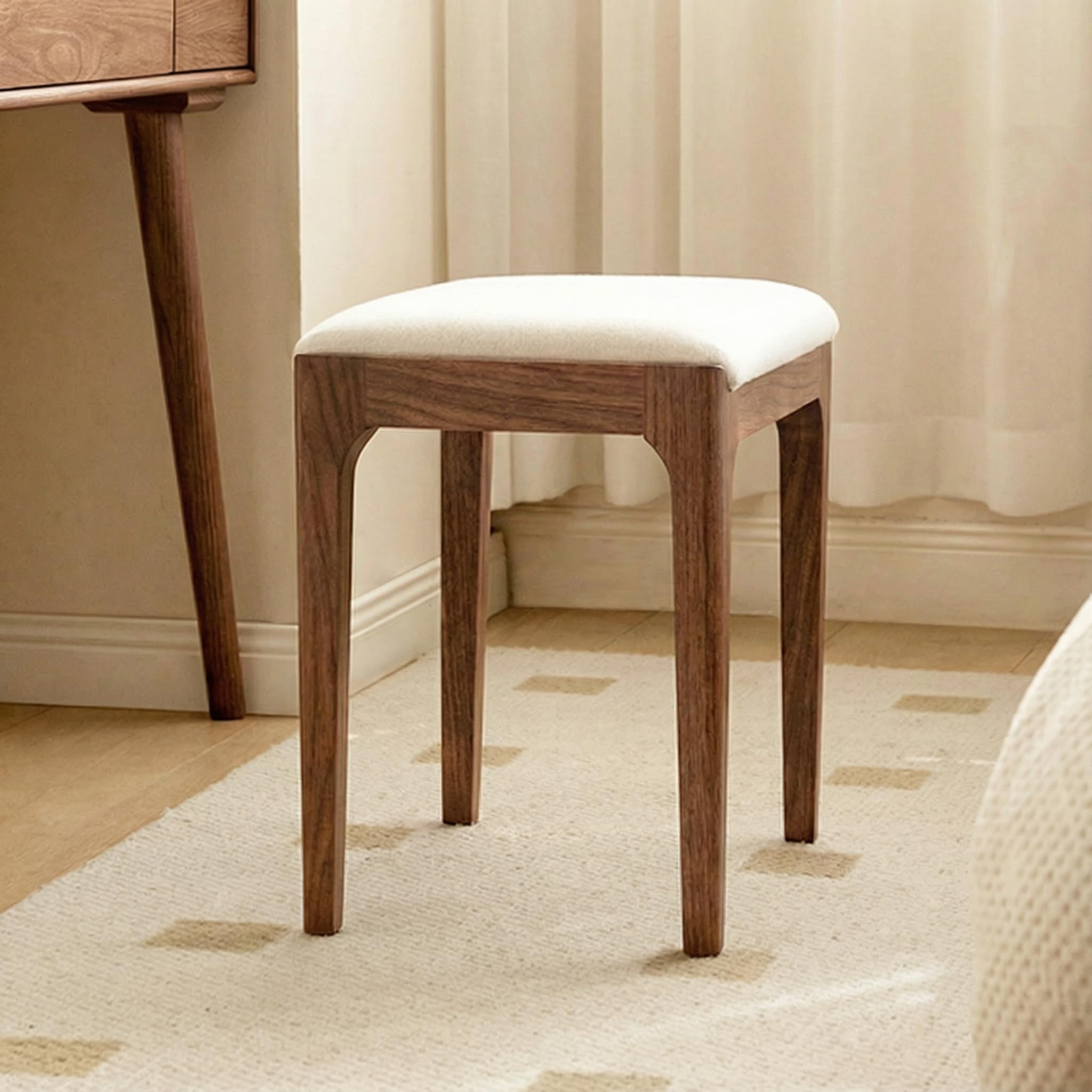 YESWOOD Schminktisch Stuhl, Stabiler Holzhocker Massivholz, Polsterhocker mit Leinenoptik, Schminktisch Hocker 42x30x42 cm, Make-up Hocker für Schlafzimmer, Eiche in Walnussfarbe
