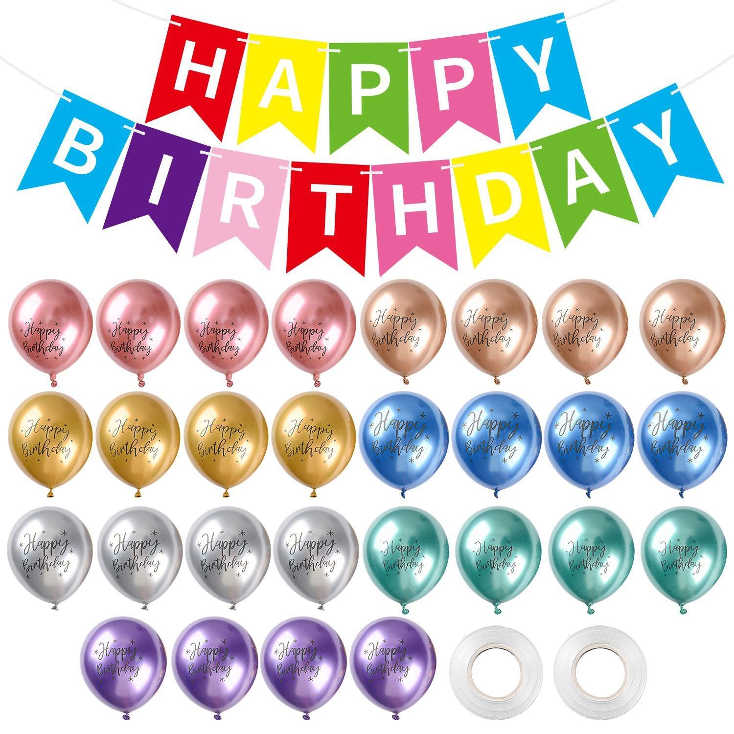 RNSKFG 28 Pieces Of Colorful Balloons, 1 Set Of Banners, 2 Rolls Of Ribbons, Birthday Party Decorations, Party Background Wall Layout.