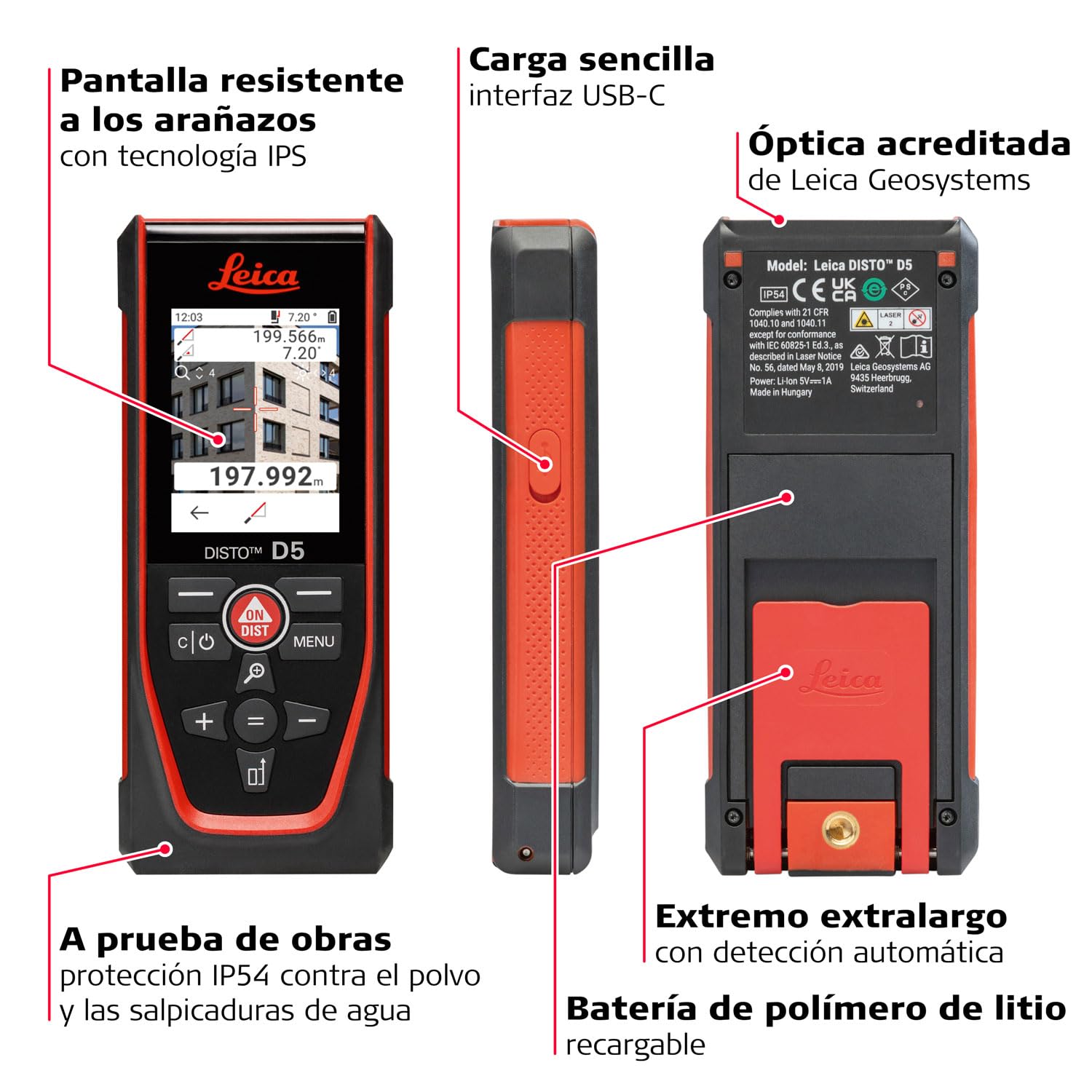 Leica Disto D5 Medidor Láser de Distancia Profesional con Bluetooth (App), Puntero Digital (Interior y Exterior) y Sensor de Inclinación para Seguimiento de Alturas, Medición de Perfiles y Ángulos