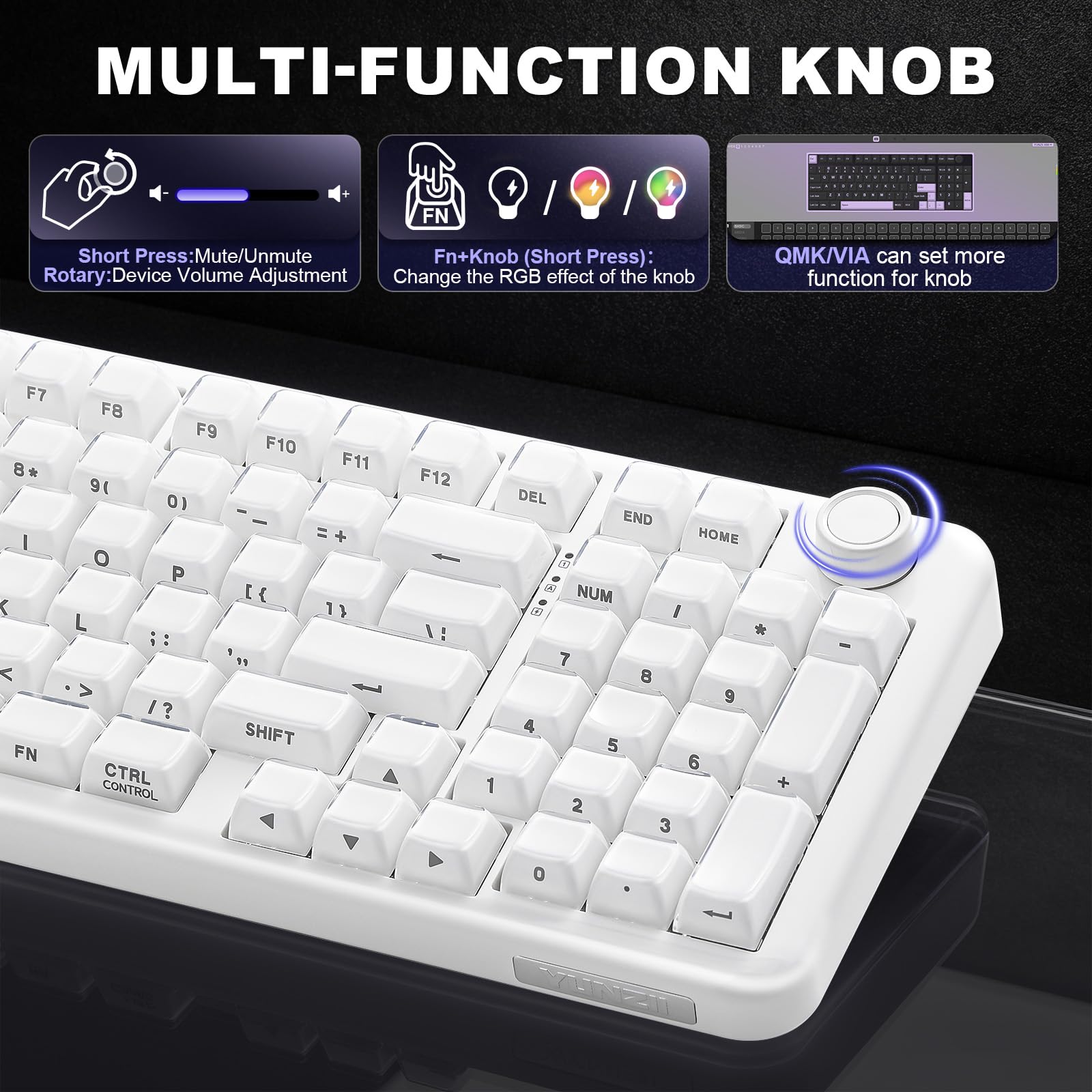 YUNZII X98 QMK/VIA Bezprzewodowa mechaniczna klawiatura do gier z pokrętłem, trójtrybowa BT5.0/USB-C/2,4 GHz, wstępnie nasmarowane przełączniki, mocowanie uszczelki (Biały, Crystal Switch)