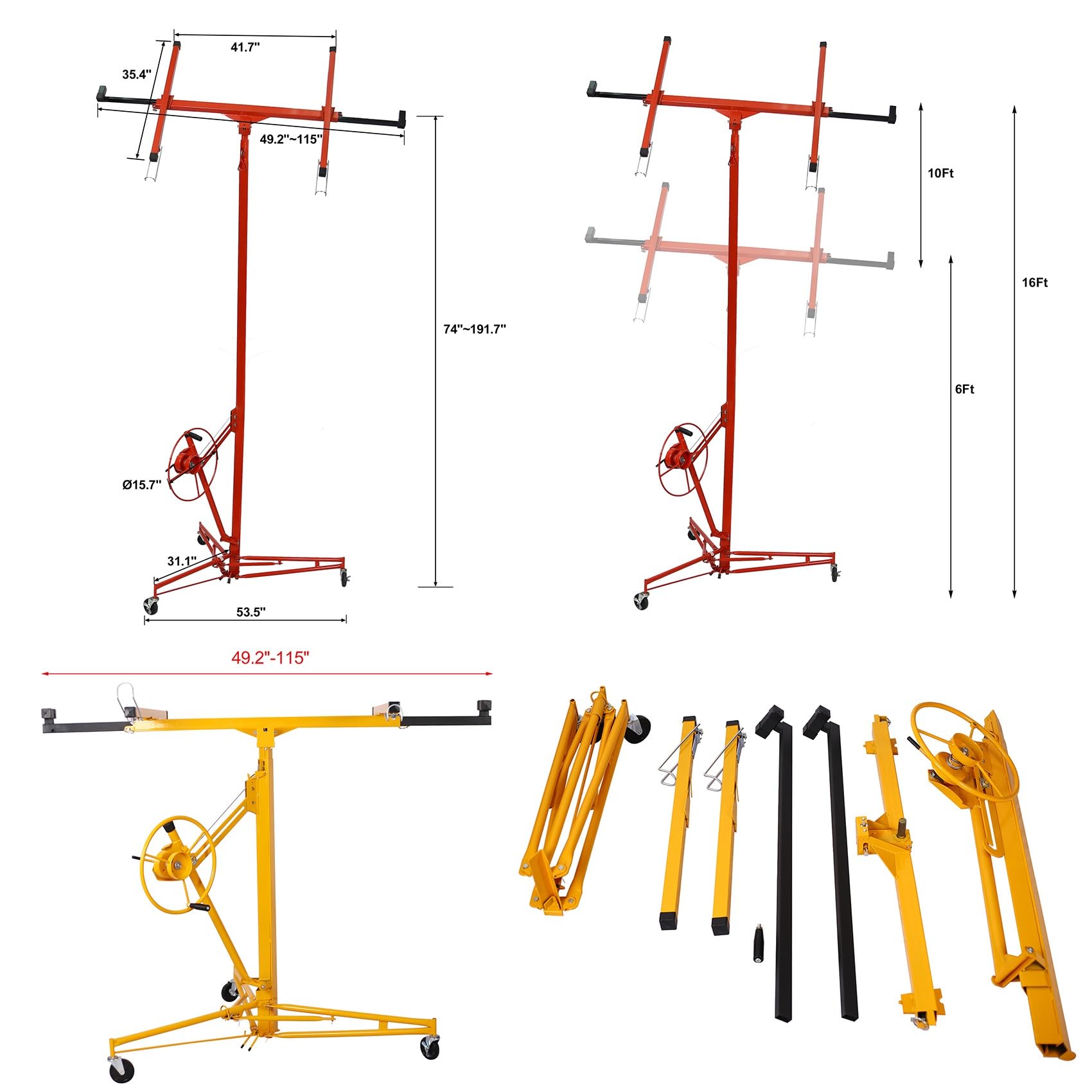 FORRTY Drywall Lift, Drywall Panel Hoist, Rolling Panel Hoist, Jack Lifter Sheetrock Drywall Lift Panel Hoist With Rolling Caster Wheel 16ft Adjustable Telescopic Arm(Color:Yellow)