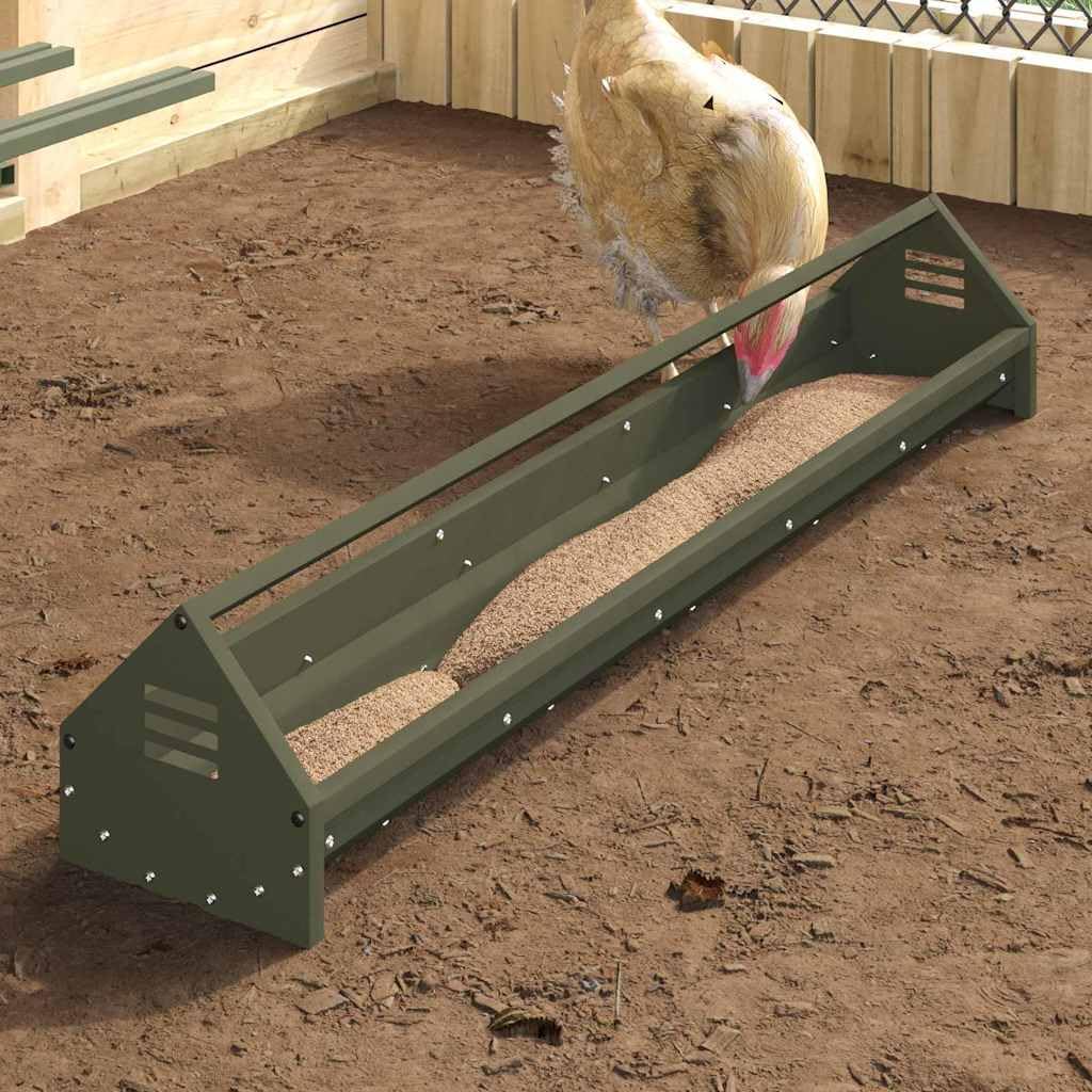Comedero gallinas de acero verde oliva 108 x 20,5 x 20 cm, gran tamaño con barra transversal y agujeros de drenaje, para gallinero interior y exterior