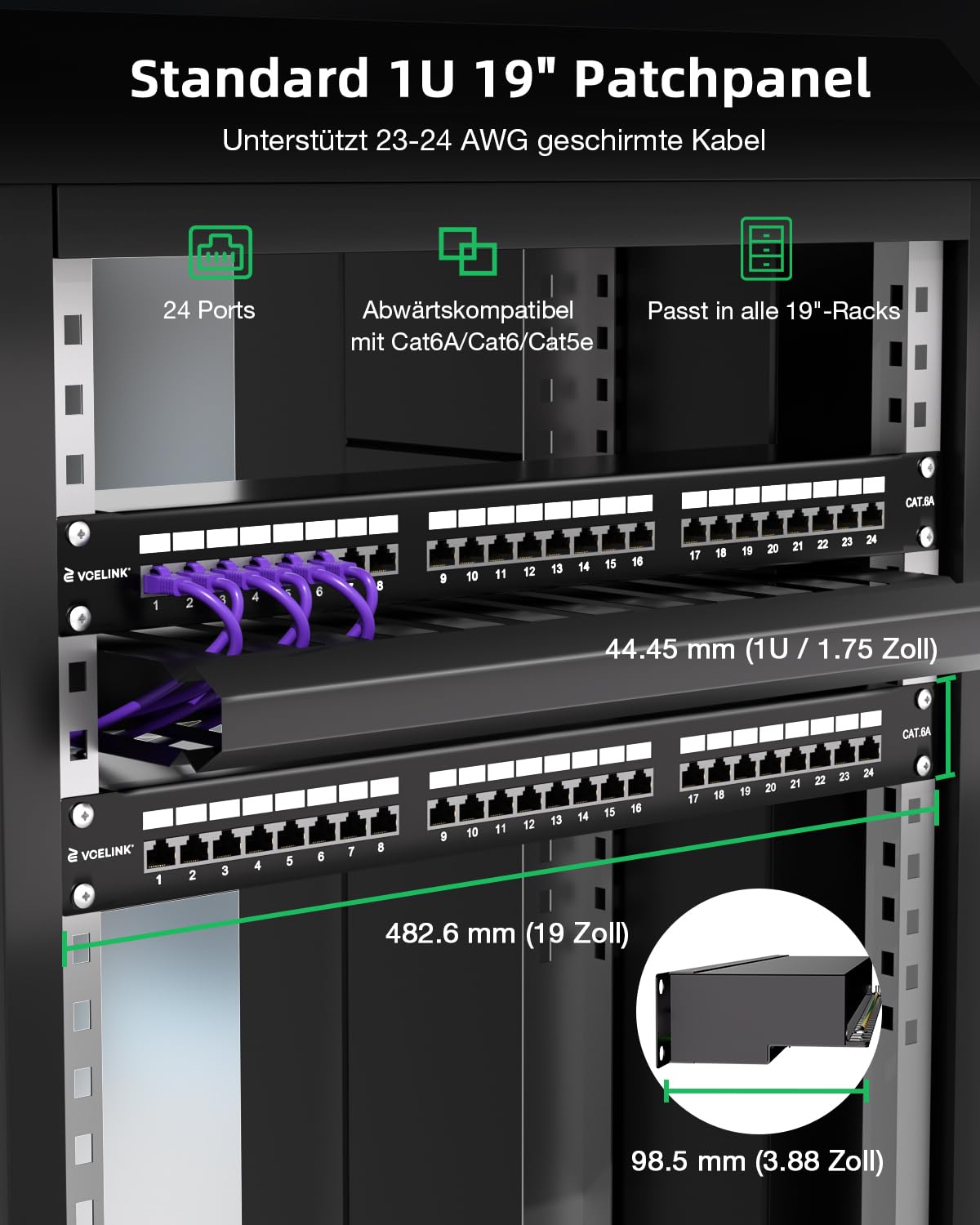 VCELINK CAT6A Patchpanel 24 Port, Geschirmt 19 Zoll Patchfeld 10 Gbit/s mit RJ45-Buchsen, Rackeinbau Kabelführung Verteilerfeld für Büros, Home-Office, kleine Serverräume