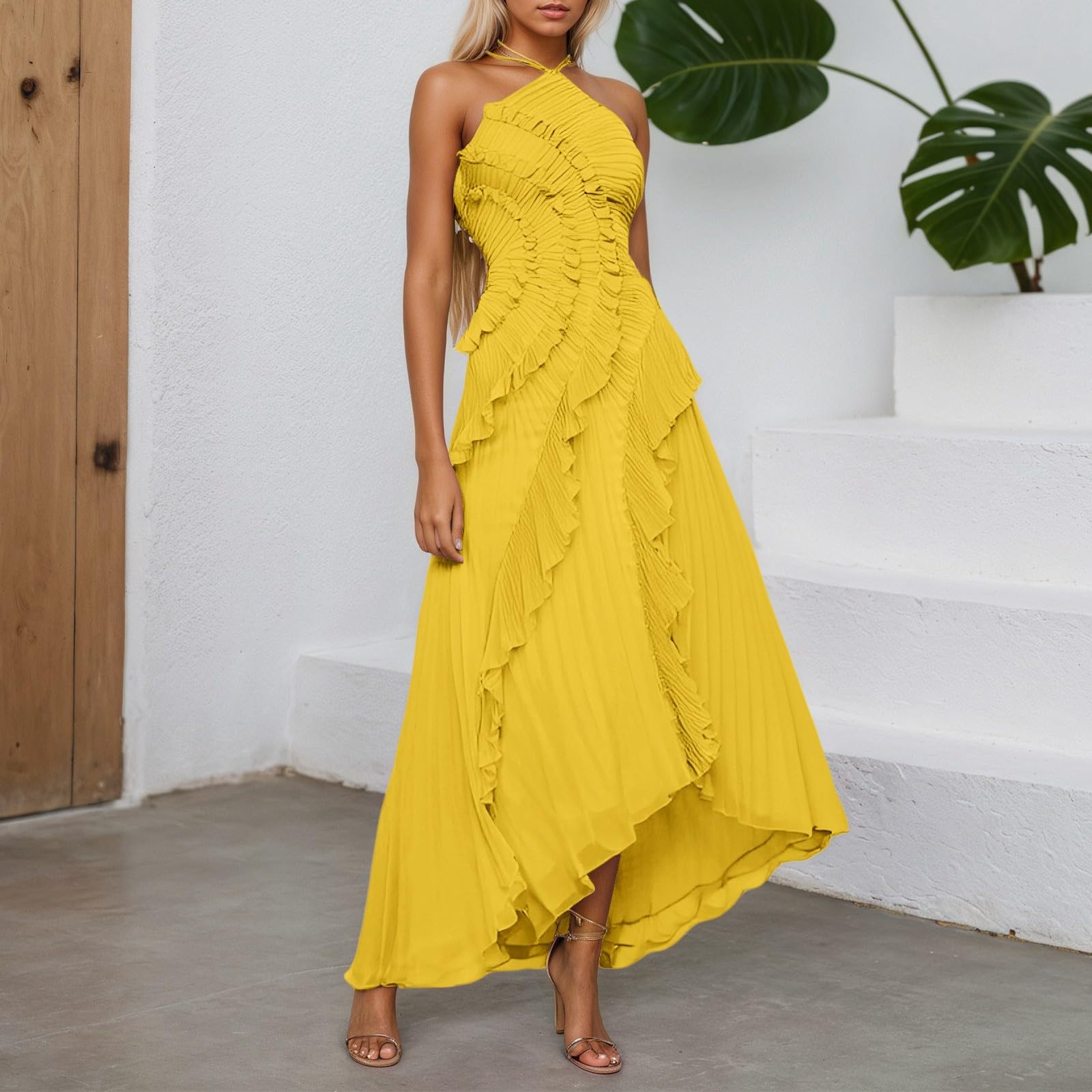 Generisch Vestido sin mangas para mujer con banda en el cuello, monocolor, vestido de gasa, elegante vestido largo con ribete de volantes, diseño envolvente, abertura lateral, moderno, vestido de
